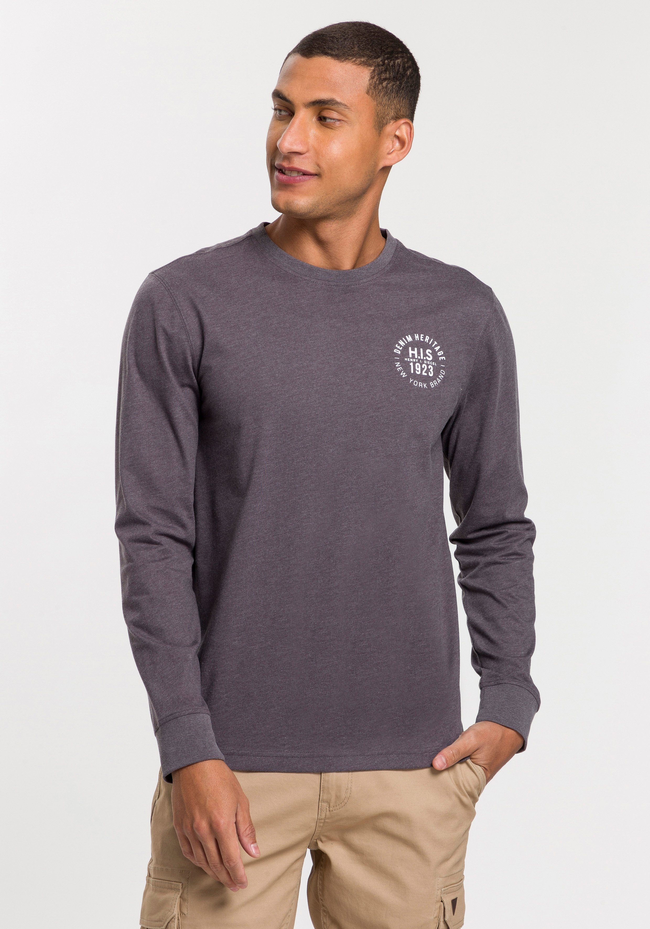 H.I.S Shirt met lange mouwen Lange mouwen, bedrukt, ronde hals, van 100% katoen (2-delig, Set van 2)