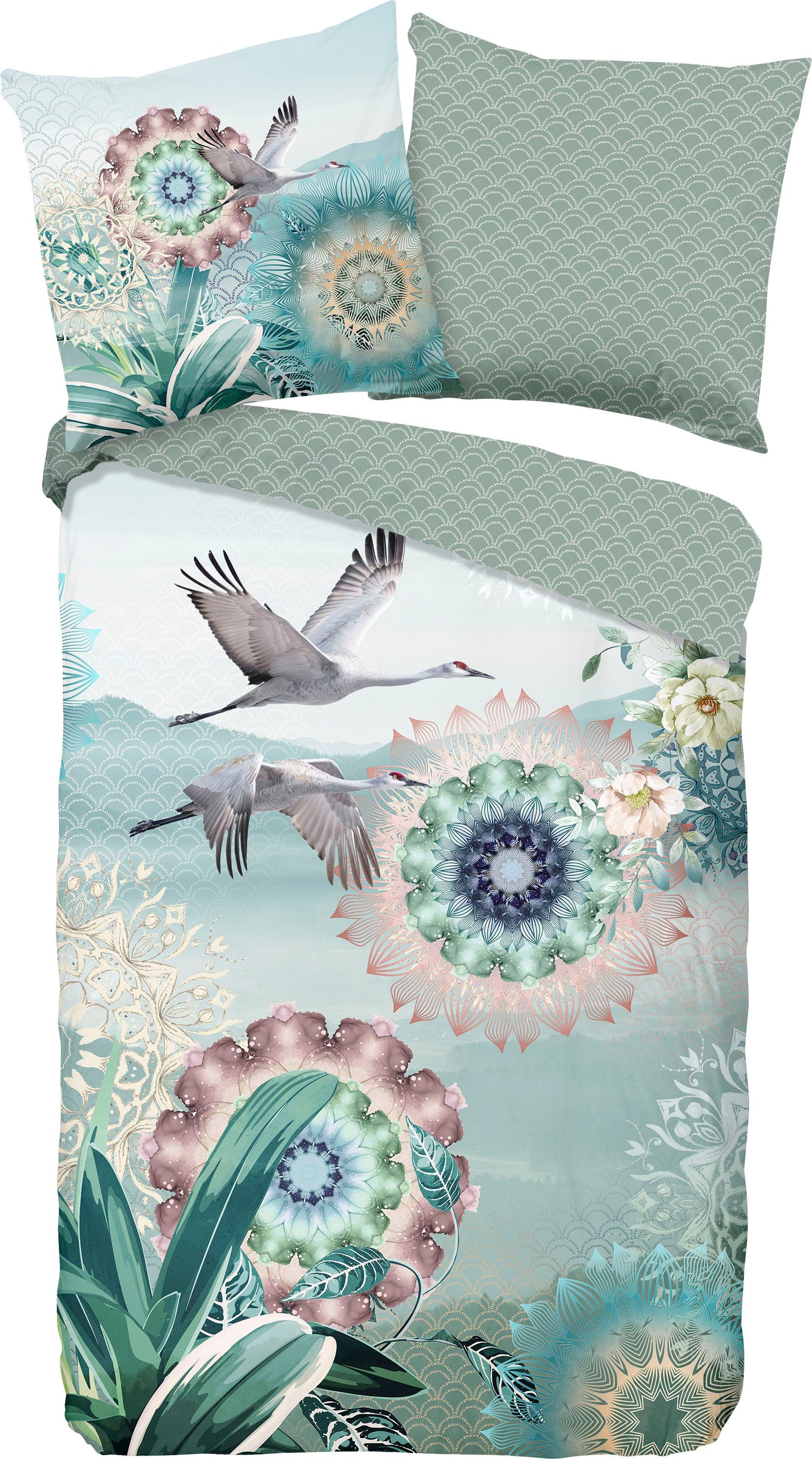 hip Tweezijdig te gebruiken overtrekset Kimora Mako-satijn, 135x200, Rits, Omkeerbaar, Mandala, Vogel, Groen