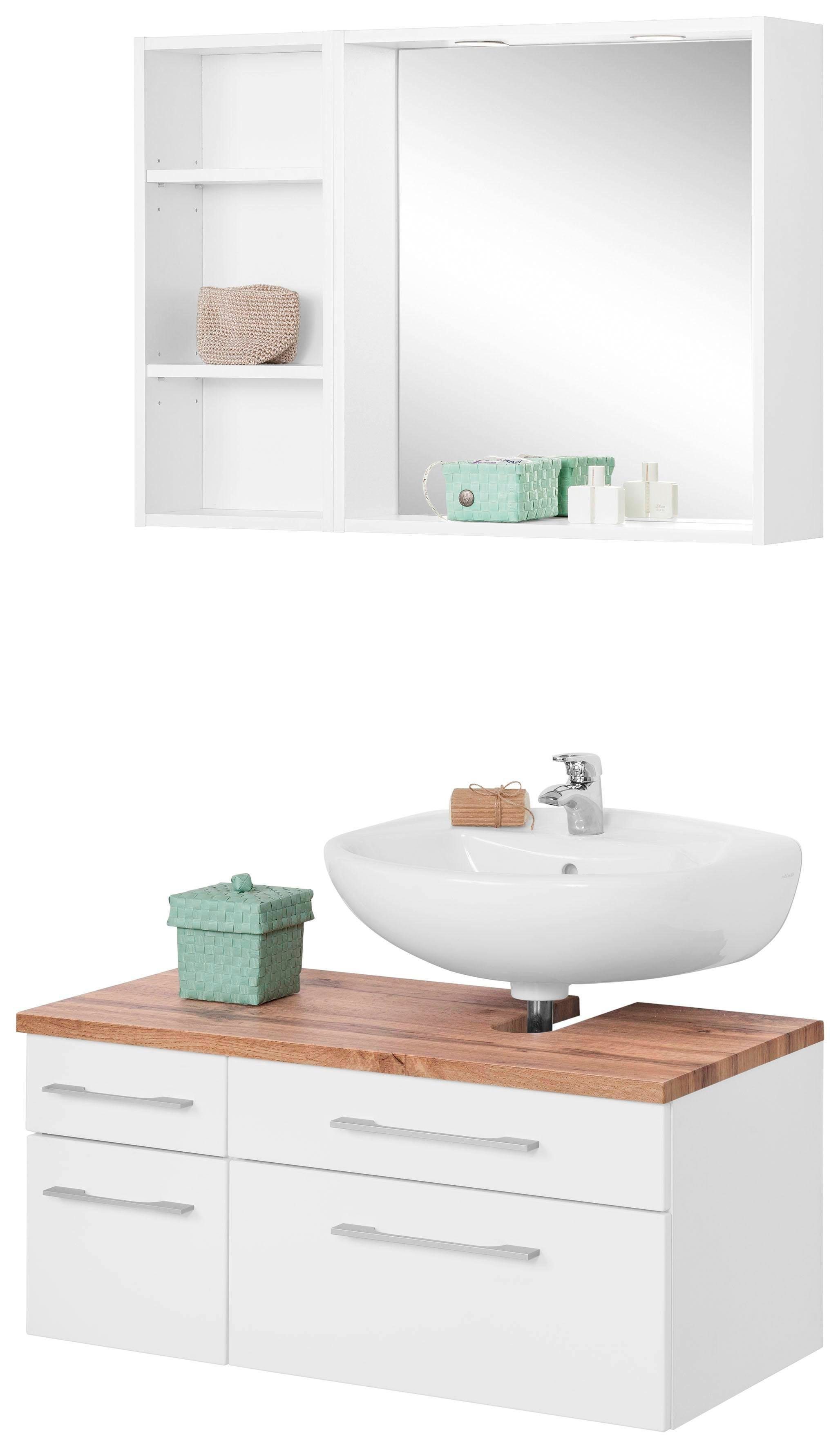 held moebel badkamerserie davos spiegel inclusief verlichting, rek en wastafelonderkast (3-delig) wit