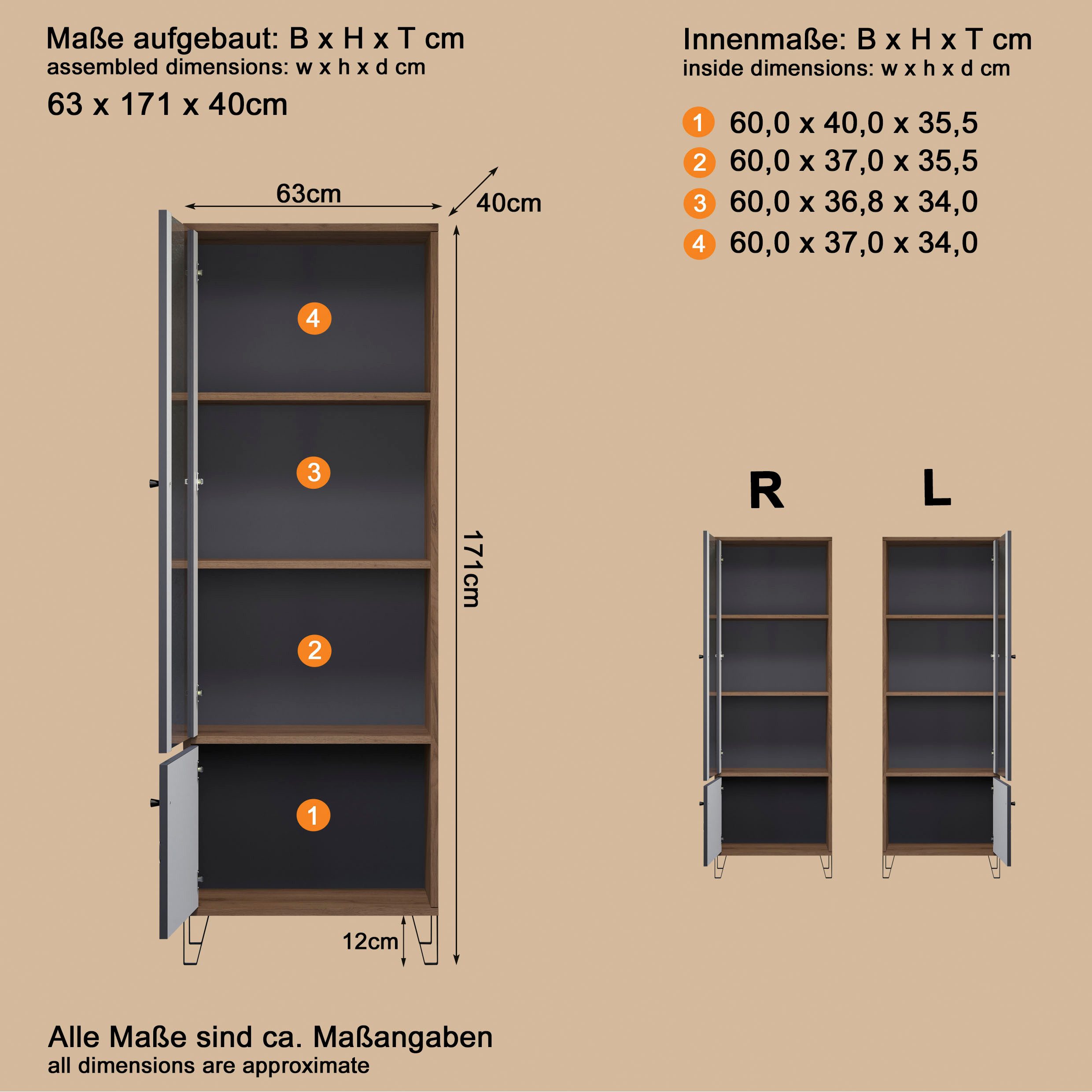 Places of Style Vitrinekast MOLVENO Woonkamer vitrine met voelbare grafiet vierkantlook - 63/40/172 cm (1 stuk)