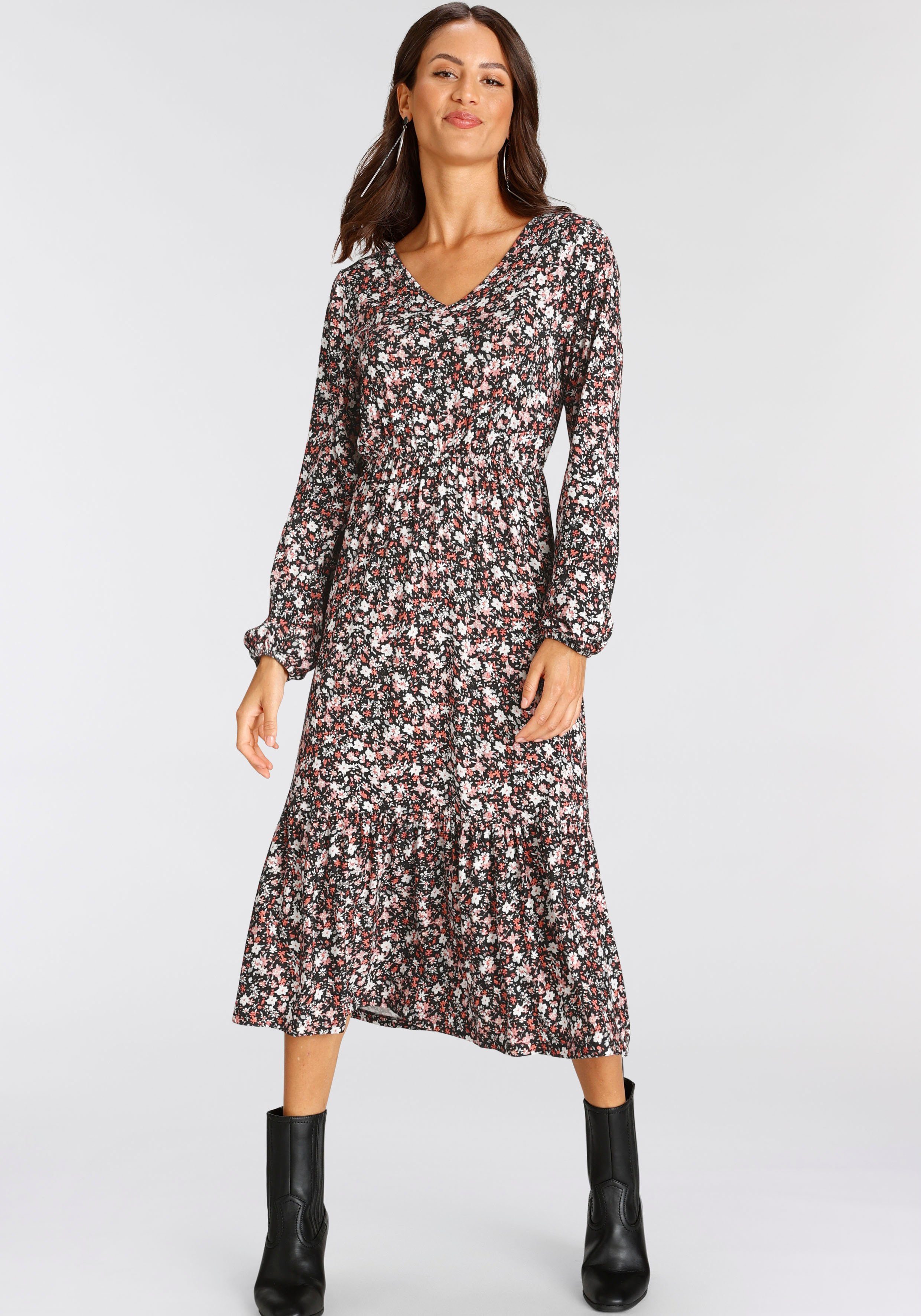 Laura Scott Midi-jurk kuitlang, gebloemde look, van viscosemix, lange mouwen