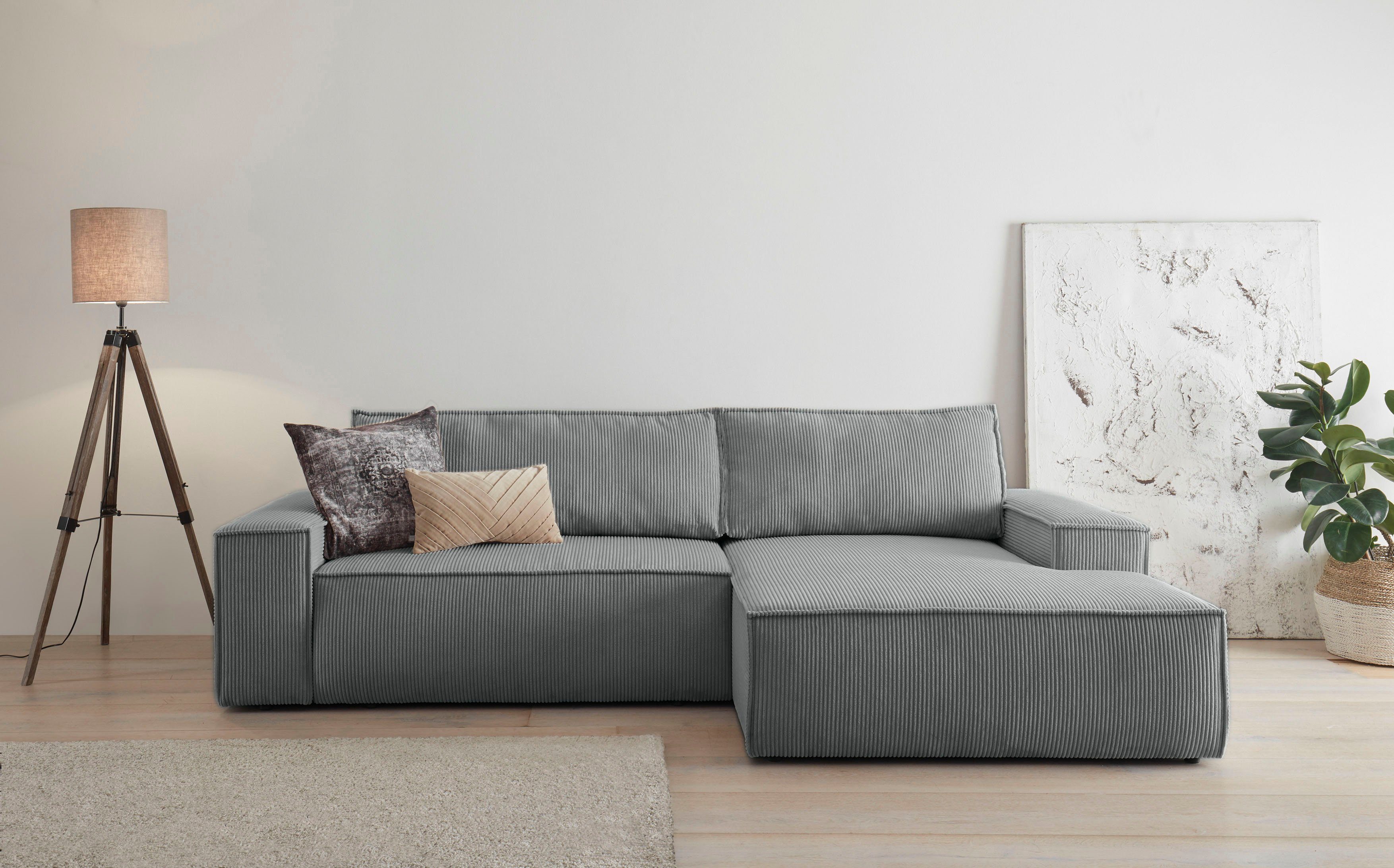 Home affaire Hoekbank SHERWOOD bedbank 267 cm, L-model, Slaapfunctie met bedlade (210x136 cm), cord, vintage, fluweel grijs, hoekbanken, Recamiere