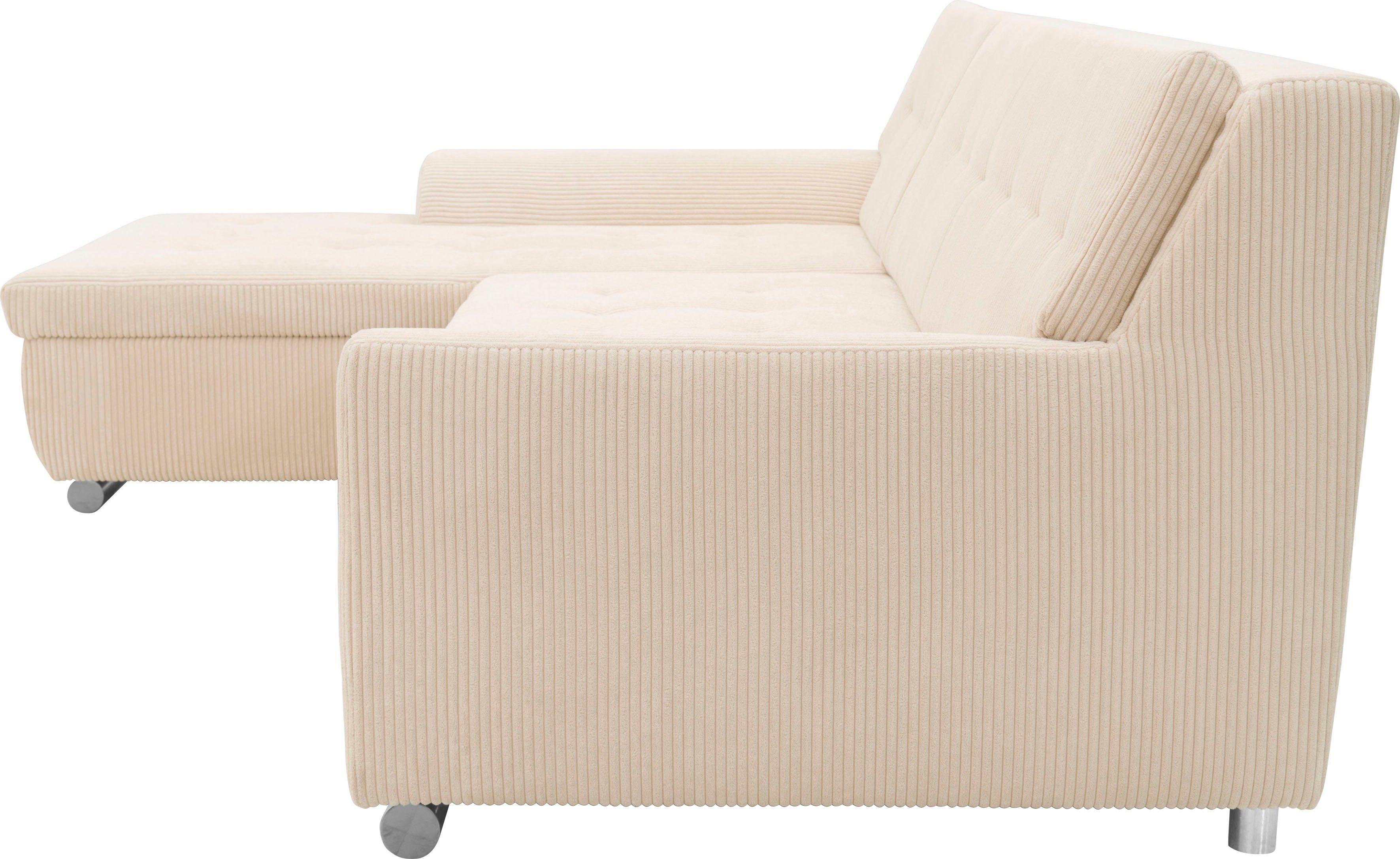 DOMO collection Hoekbank Treviso veel bekledingen, ook in cord, L-vorm, B/D/H: 267/80/83 cm optioneel met slaapbank functie, incl. sierkussens, hoogwaardig doorgestikt patroon