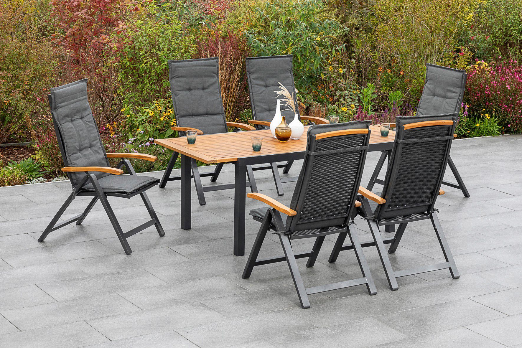 MERXX Tuin-eethoek Tilos 6 klapstoelen met uittrekbare tafel (7-delig) tuinsets grijs