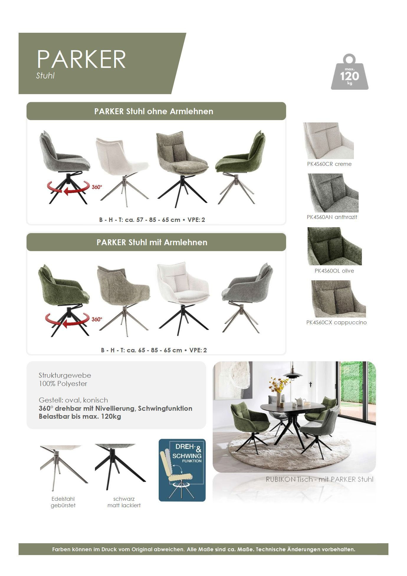 MCA furniture Eetkamerstoel Parker (2-set), draaibaar 360°, draai- & schommelfunctie, belastbaarheid 120 kg