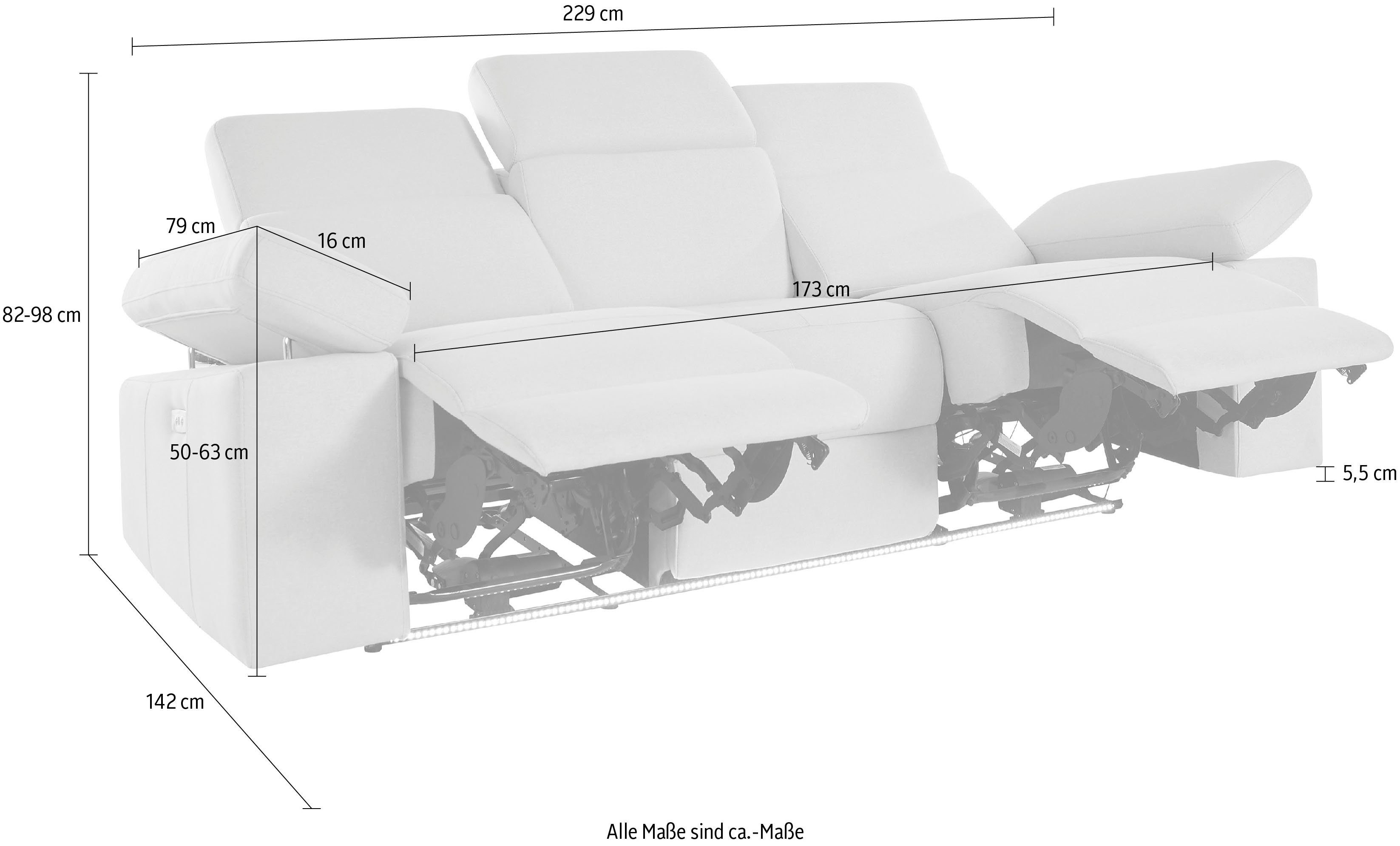 Places of Style 3-zitsbank Kilado met 2x relaxfunctie, verstelbare armleuning, verstelbare hoofdsteun