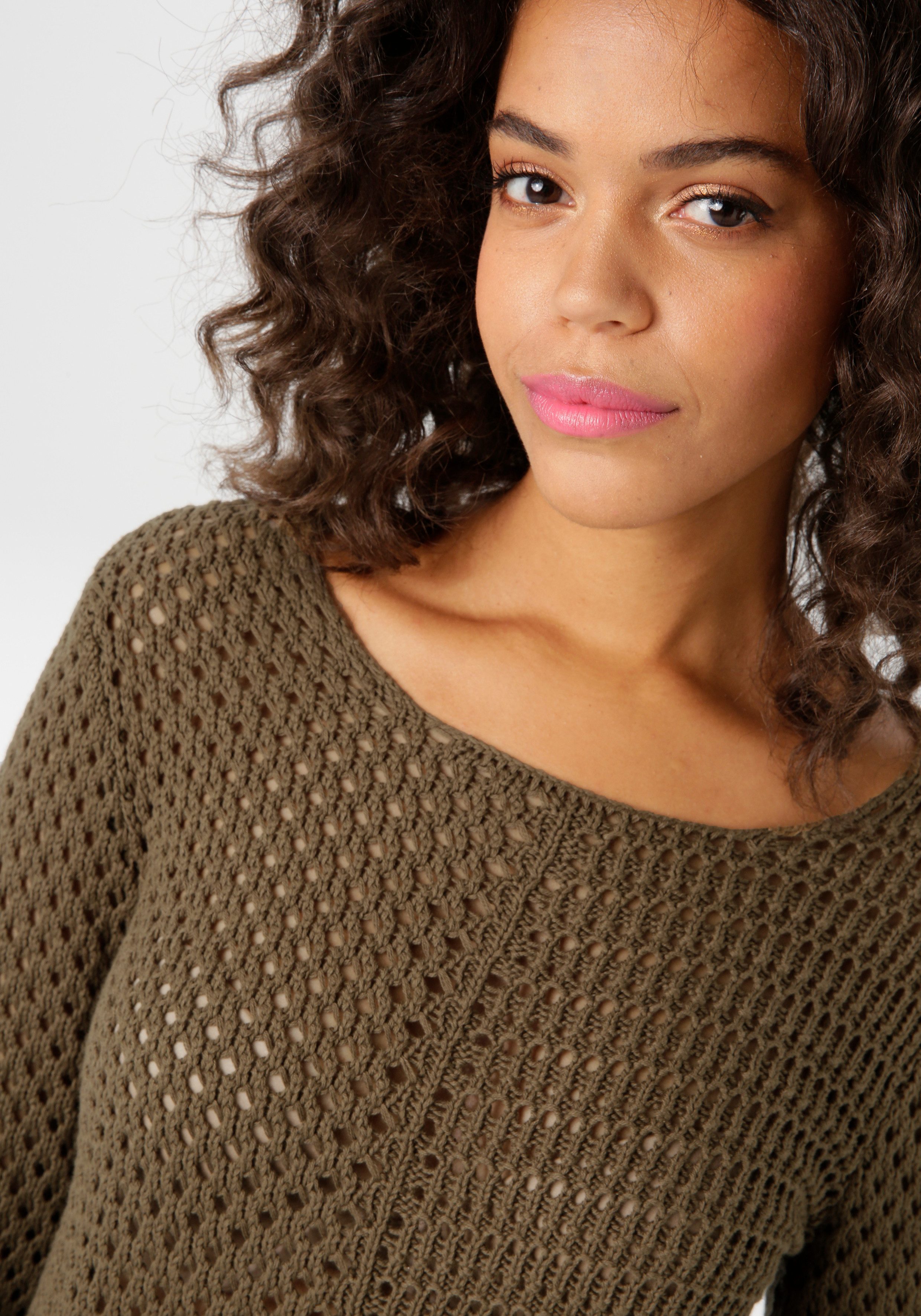 Aniston CASUAL Trui met ronde hals met trendy gemixte ajourmotieven