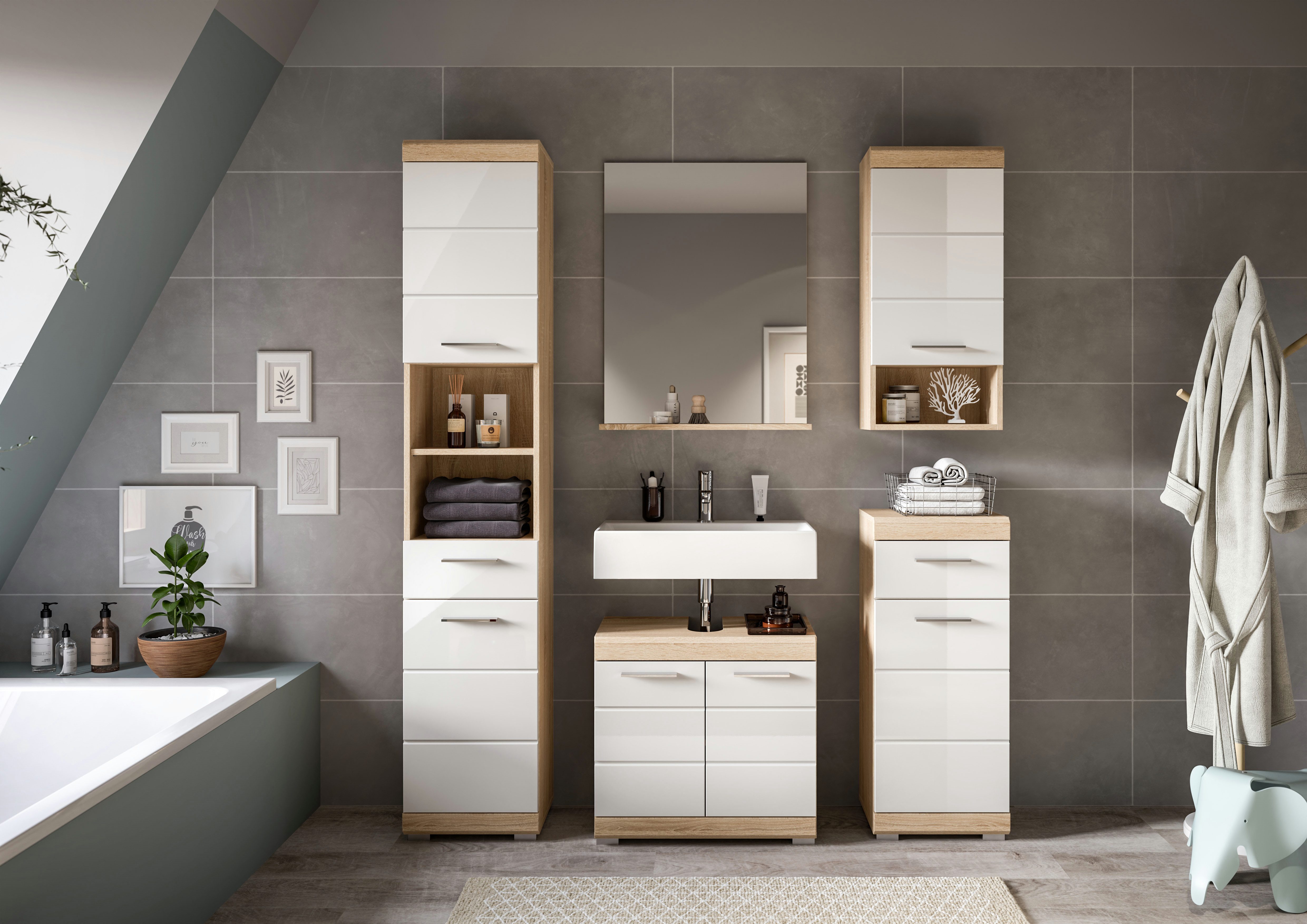 INOSIGN Badmeubelset Siena, 5-delig, bestaande uit: Hoge kast, WBU, spiegel, onderkast, hangkast (set, 5 stuks)