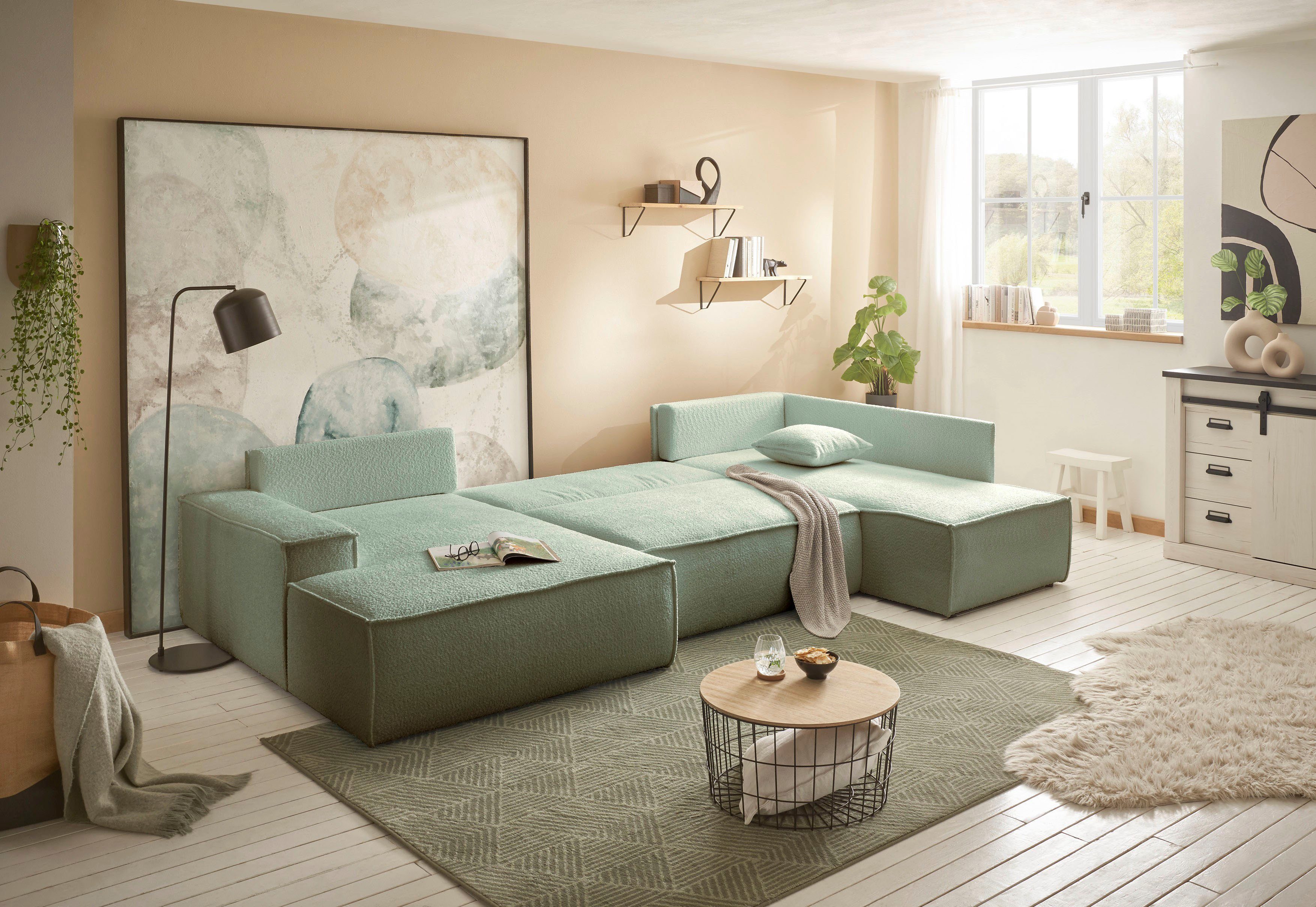 andas Zithoek FINNLEY U-model XXL 329 cm, bedbank, slaapfunctie m. bedkist