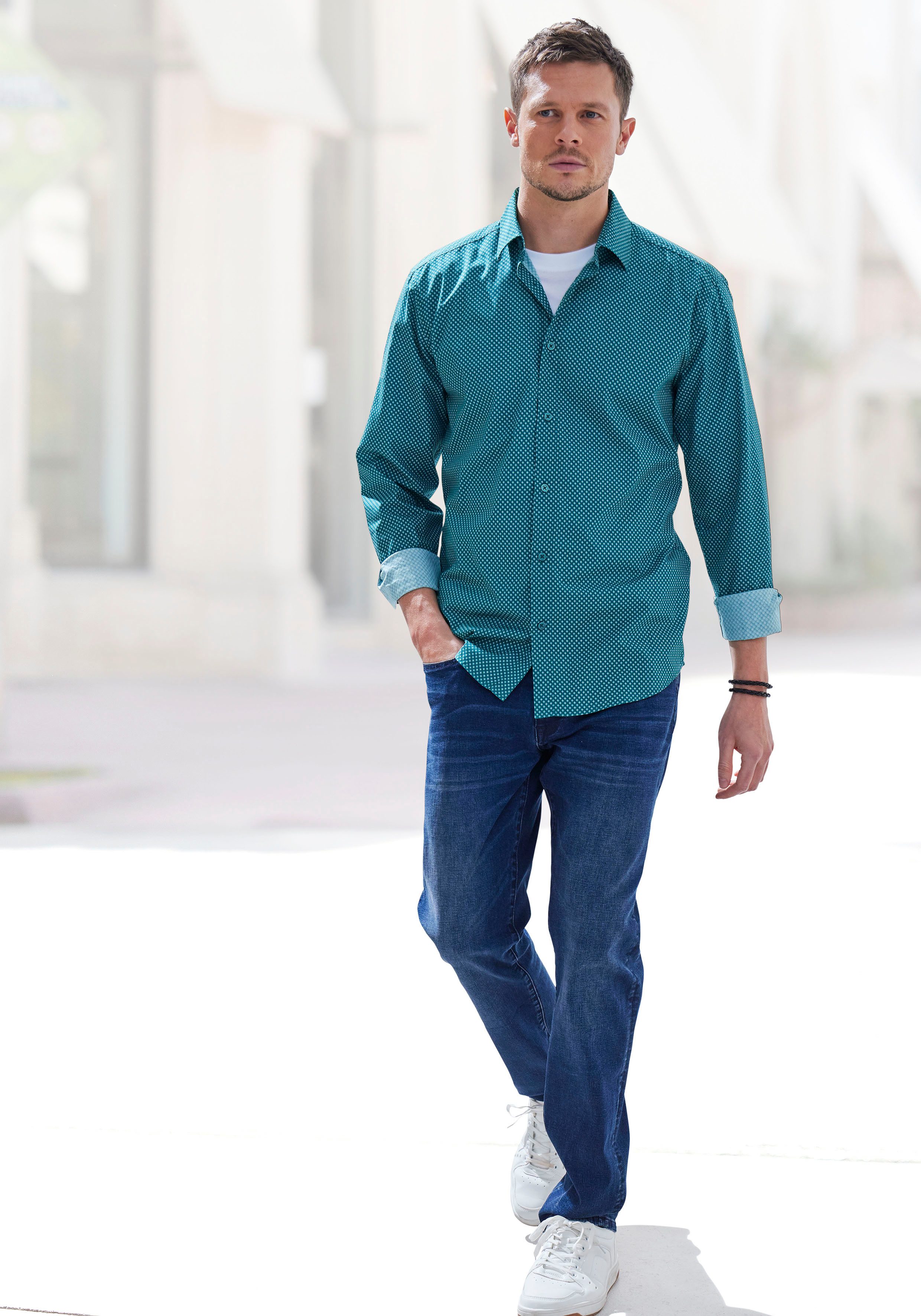 H.I.S Overhemd met lange mouwen Regular fit met haifiskraag en all-over print van zuiver katoen