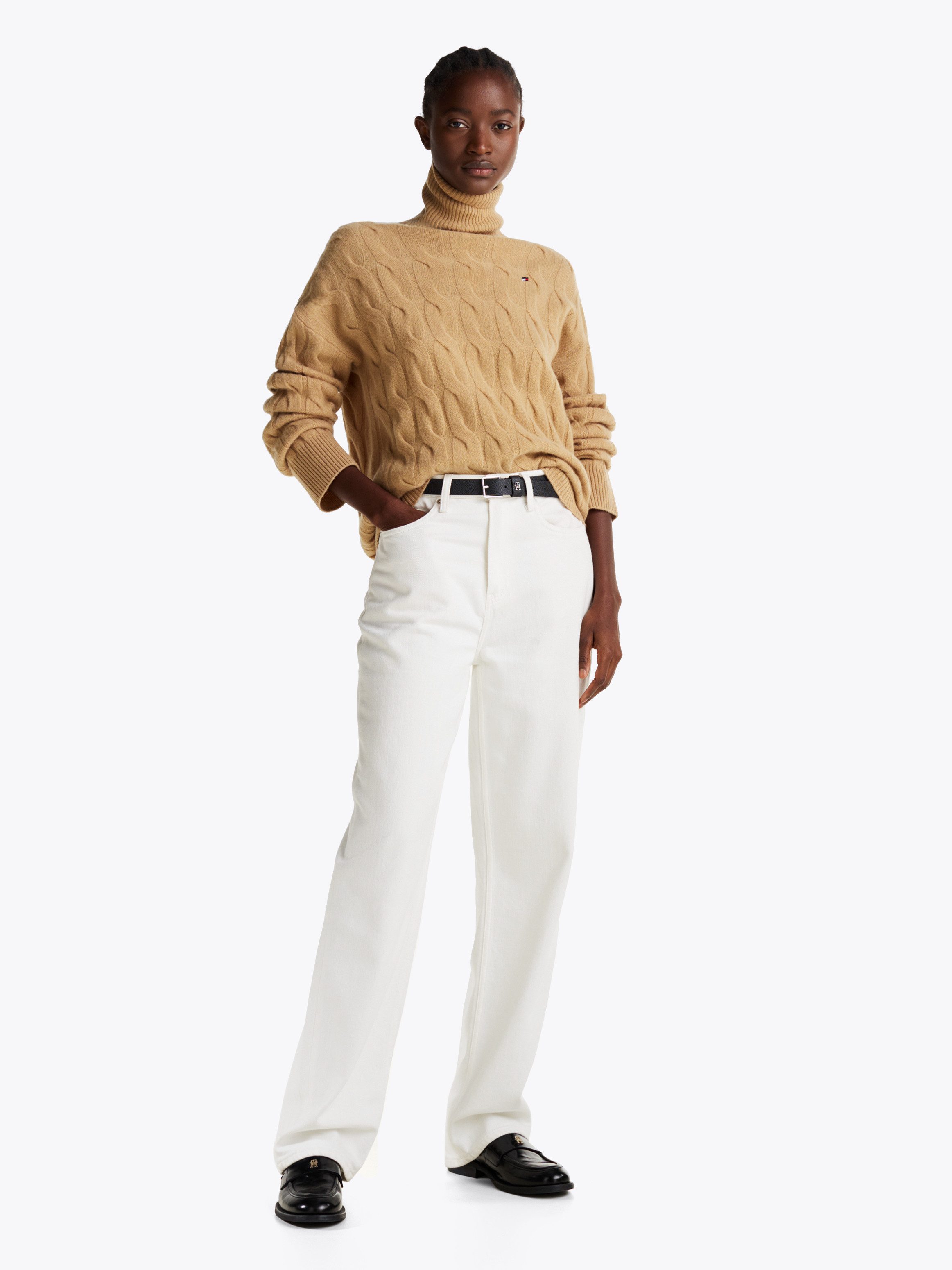 Tommy Hilfiger Coltrui SOFT WOOL CABLE ROLL-NK SWEATER met logoborduring allover kabelpatroon rolkraag 100% wol