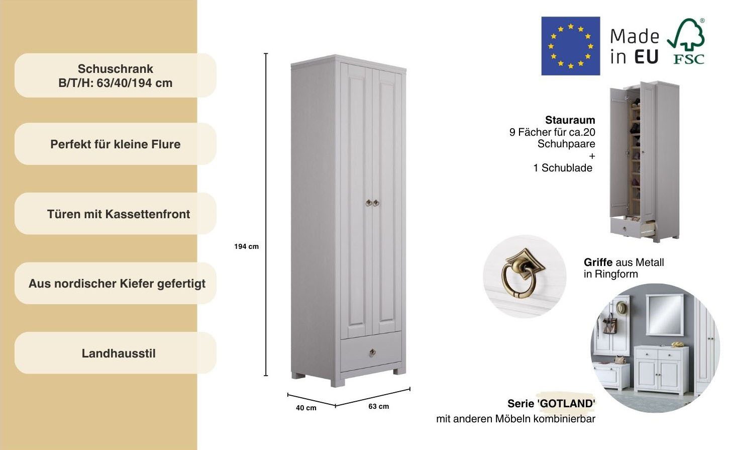 Home affaire Schoenenkast Gotland van massief grenen, fsc®-gecertificeerd, hoogte 193 cm