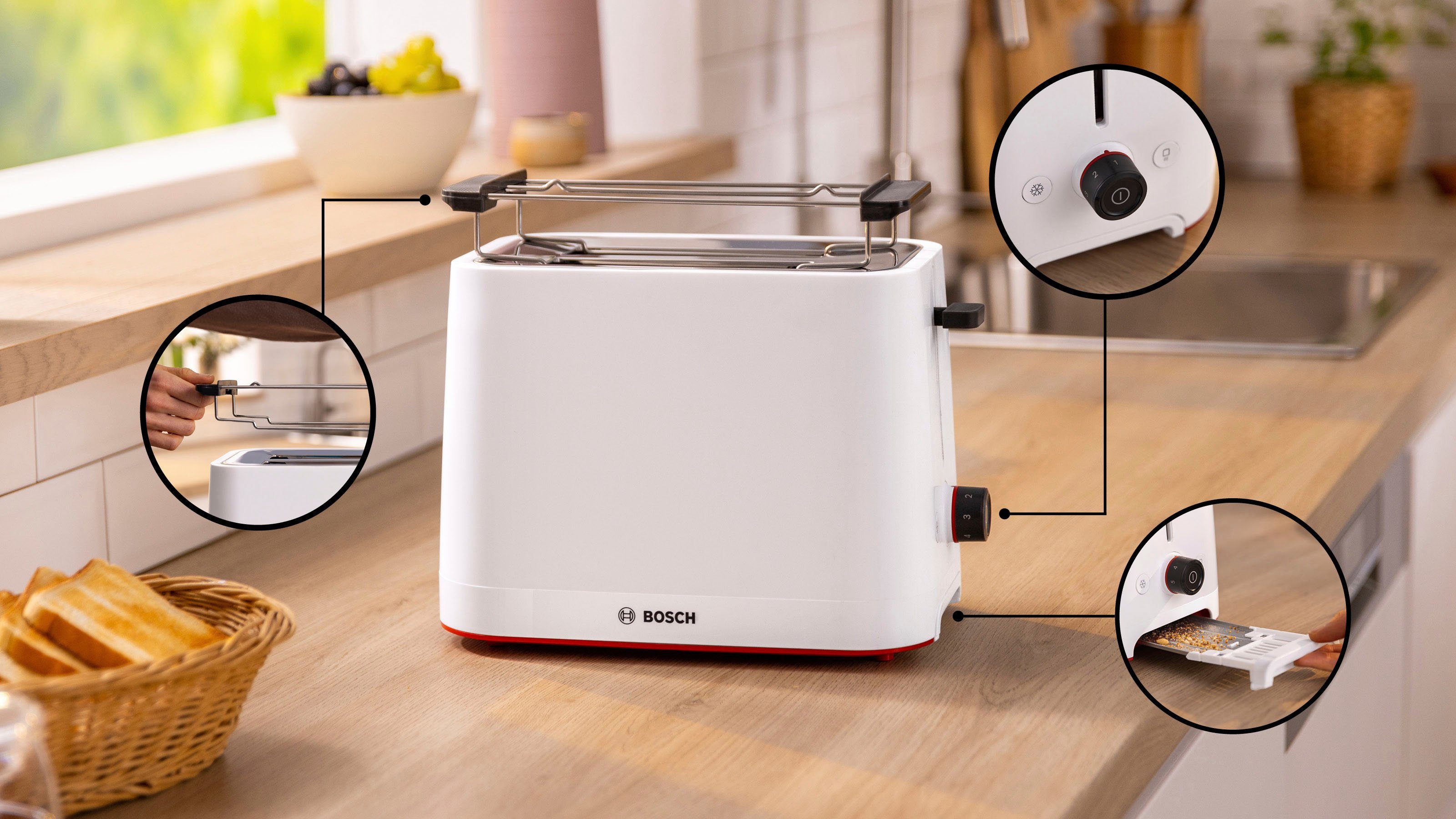 BOSCH Toaster MyMoment TAT3M121 afneembare opzet voor broodjes, ontdooi-functie, brood centreren, auto off