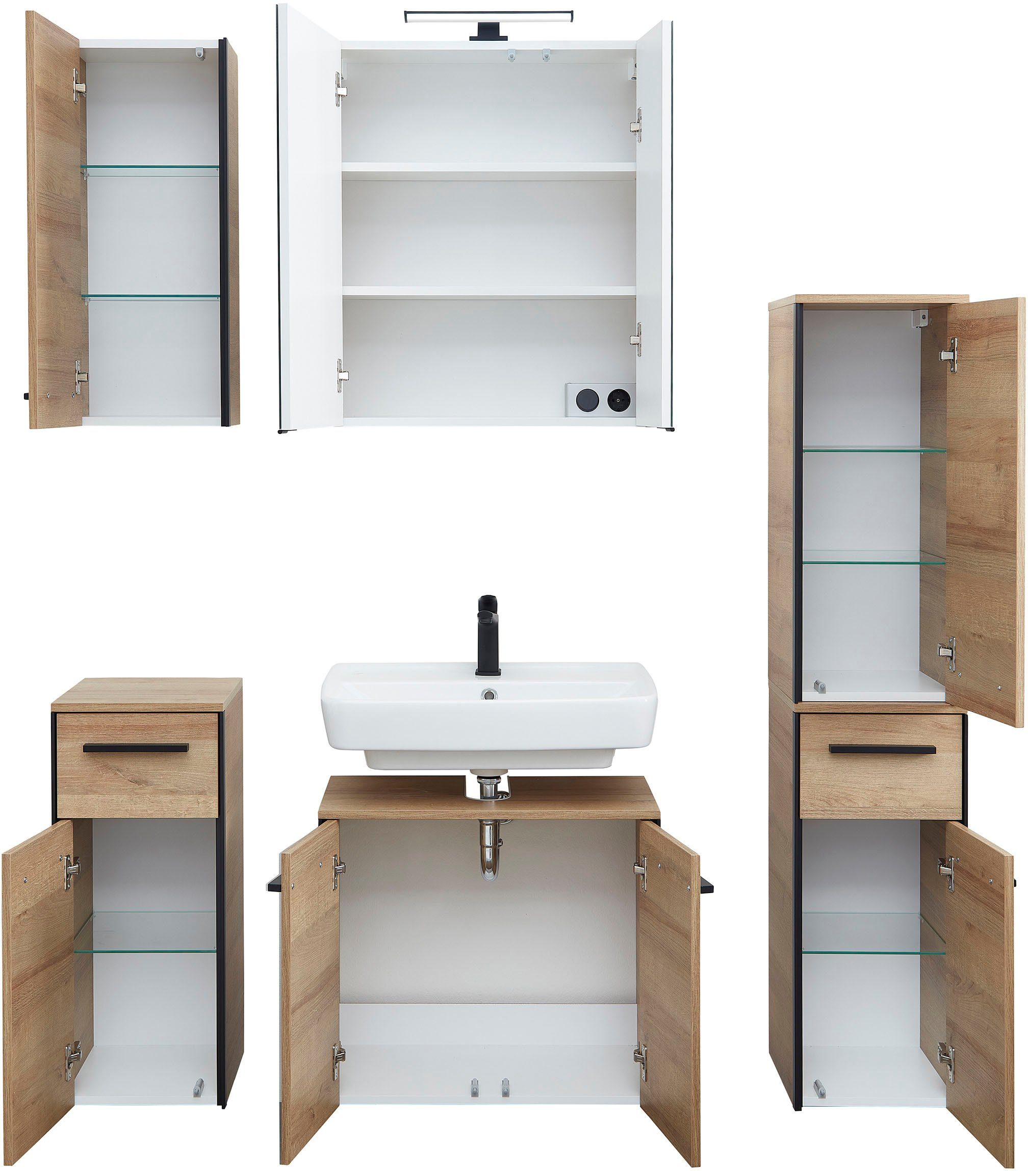 Saphir Badkamerserie Quickset 395 5-delig, wastafelonderkast met led-spiegelkast Onderkast, hangend kastje, halfhoge kast, inclusief deurdemper, 7 deuren (6-delig)