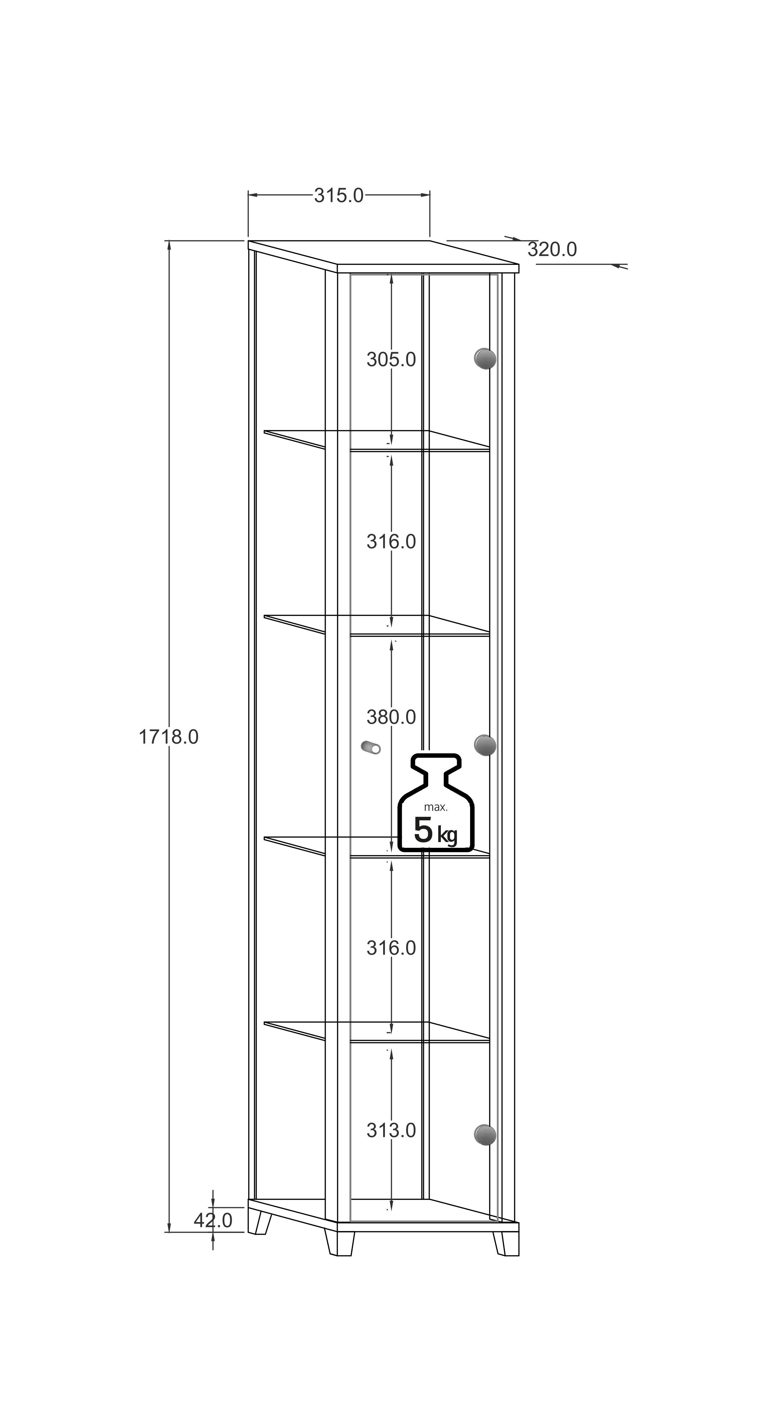 fif möbel Vitrinekast OPTIMA hoogte ca. 172 cm Staande vitrine/Glasvitrine 1x Glazen deur, perfect voor verzamelaars, verzamelvitrine