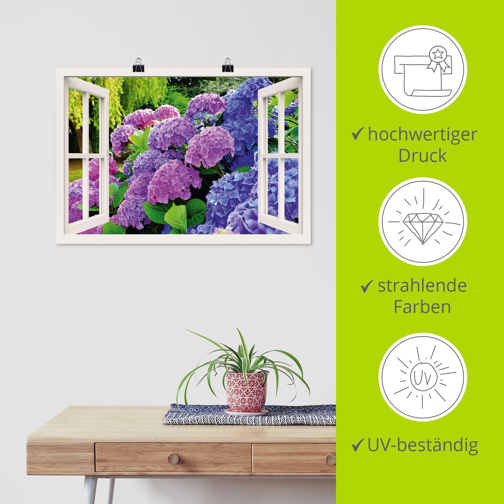 Artland Artprint Blik uit het venster hortensia's in de tuin als artprint op linnen, poster in verschillende formaten maten