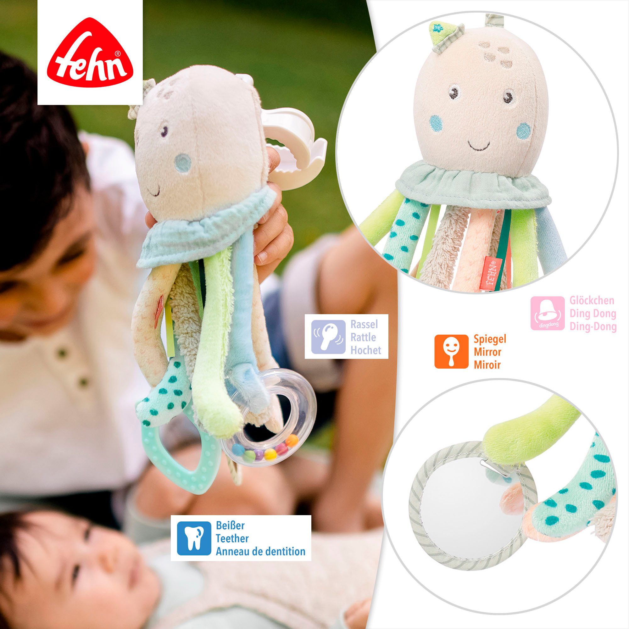 Fehn Grijpspeeltje Zeekinderen, activiteit-octopus ter bevestiging aan kinderwagen, babyzitje of bed