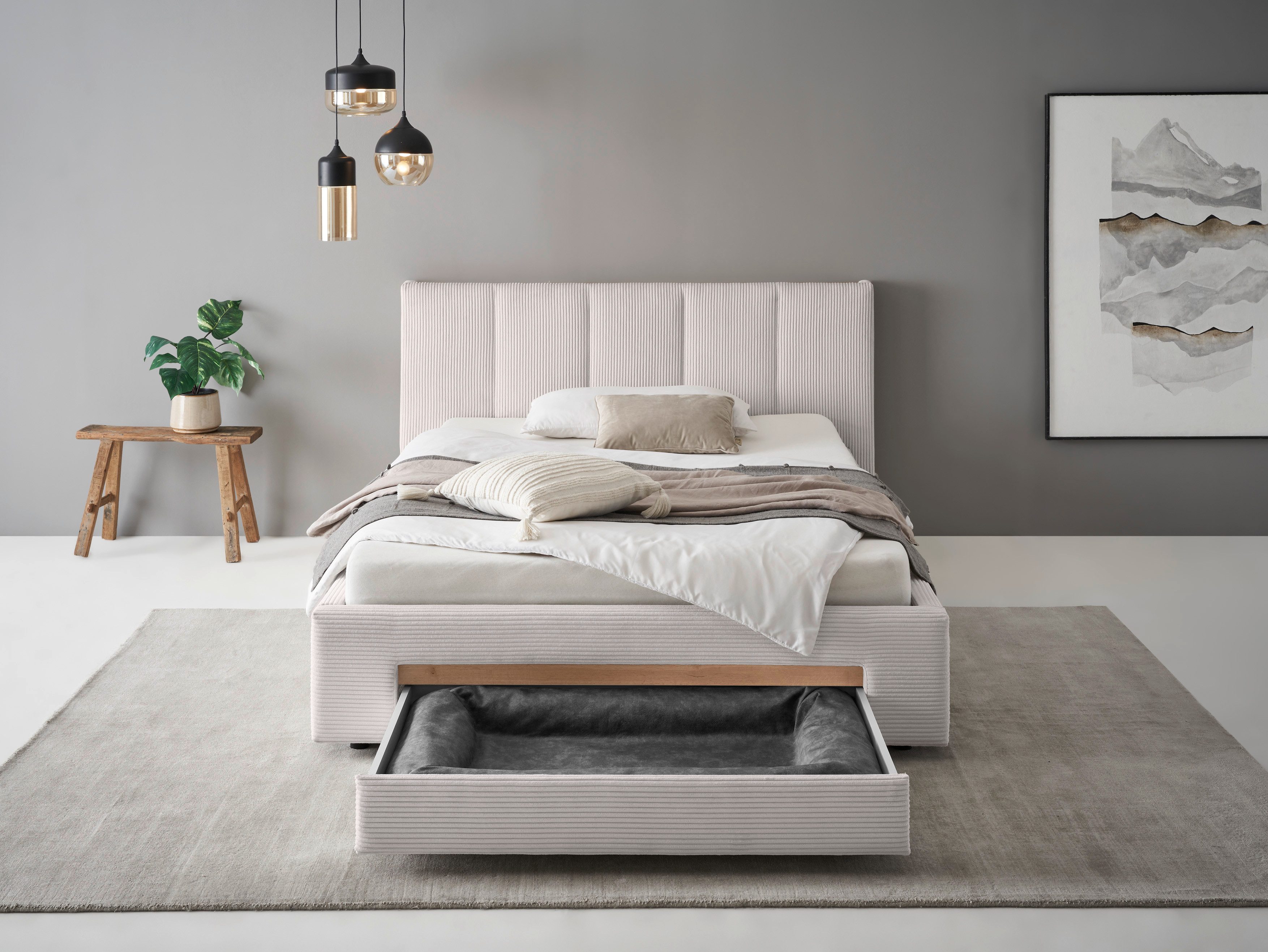 INOSIGN Gestoffeerd bed CiTY/GiRON, bedframe met bedlade, gestoffeerd opbergbed met hondenbed of opberglade, bekleding van corduroy of linnenlook