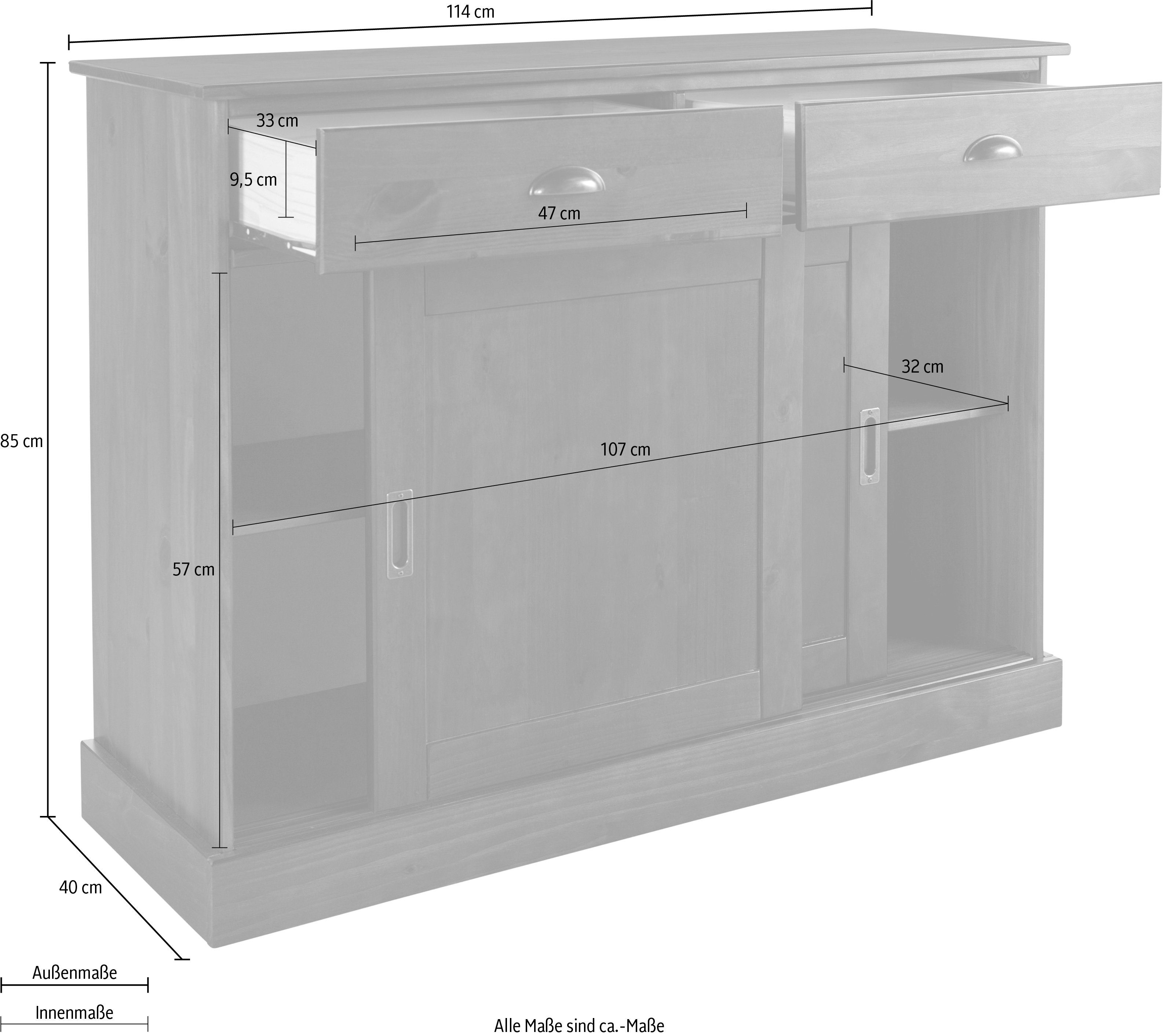 Home affaire Dressoir Schröder Commode, 2 schuifdeuren, 2 lades, van massief dennenhout