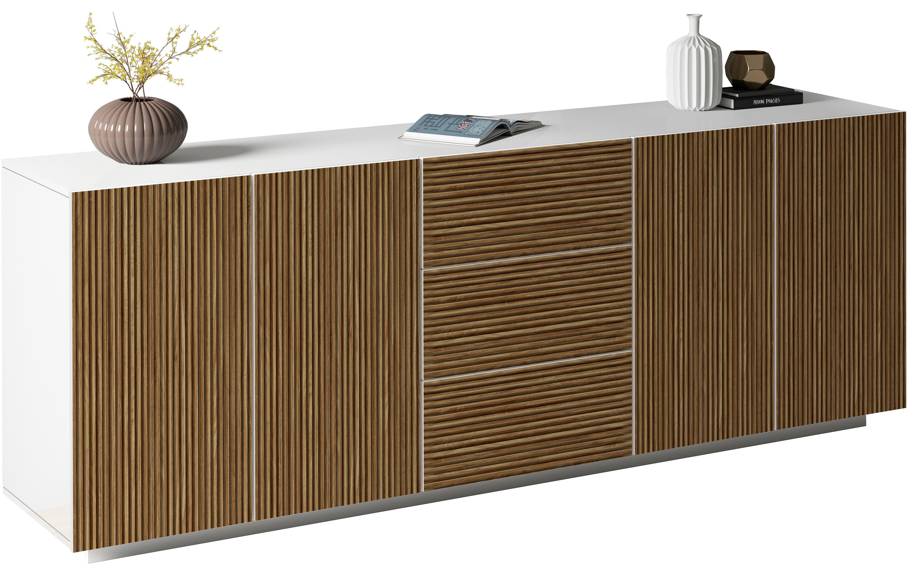 INOSIGN Dressoir Vega Sideboard, Ladekast, 220 cm met 4 deuren en 3 lades, fronten met groeflook