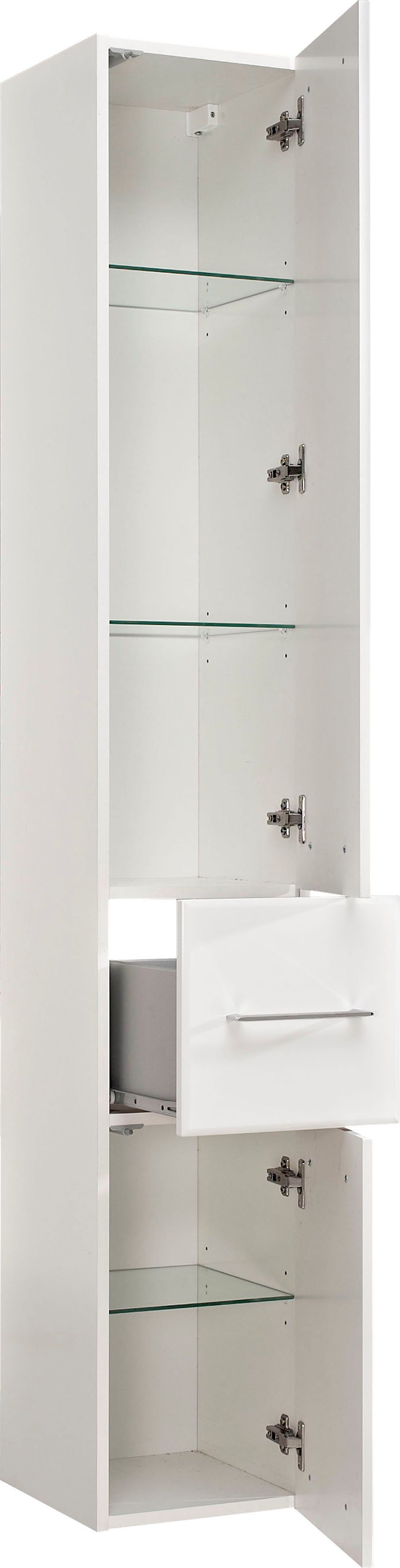 Saphir Hoge kast Quickset 376 Badkamermeubel 30 cm breed, 2 deuren, 1 lade Badkamer hoge kast, hoogglans wit, handgrepen in glanzend chroom