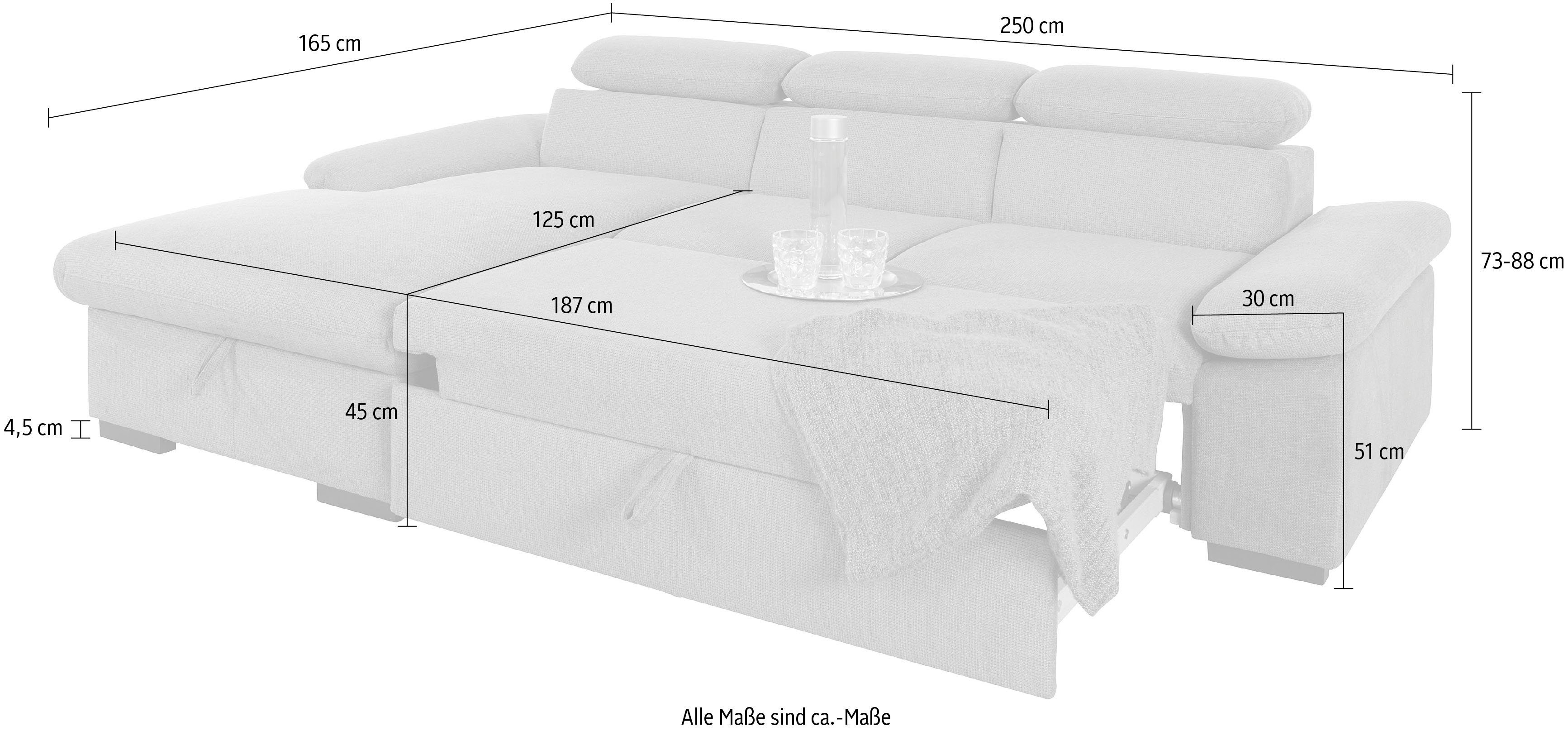 COTTA Hoekbank Lola L-vorm met hoofdeinde-functie & poef keuze met bedfunctie, bedlade & armleuningverstelling (set)