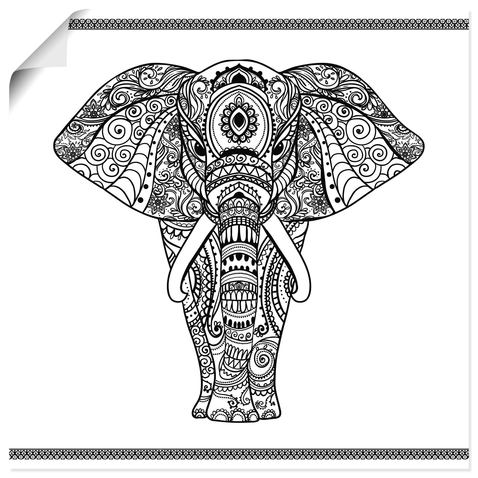 Artland Artprint Olifant in mandala als artprint op linnen, poster, muursticker in verschillende maten foto schilderijen maat 40 cm x 40 cm wit