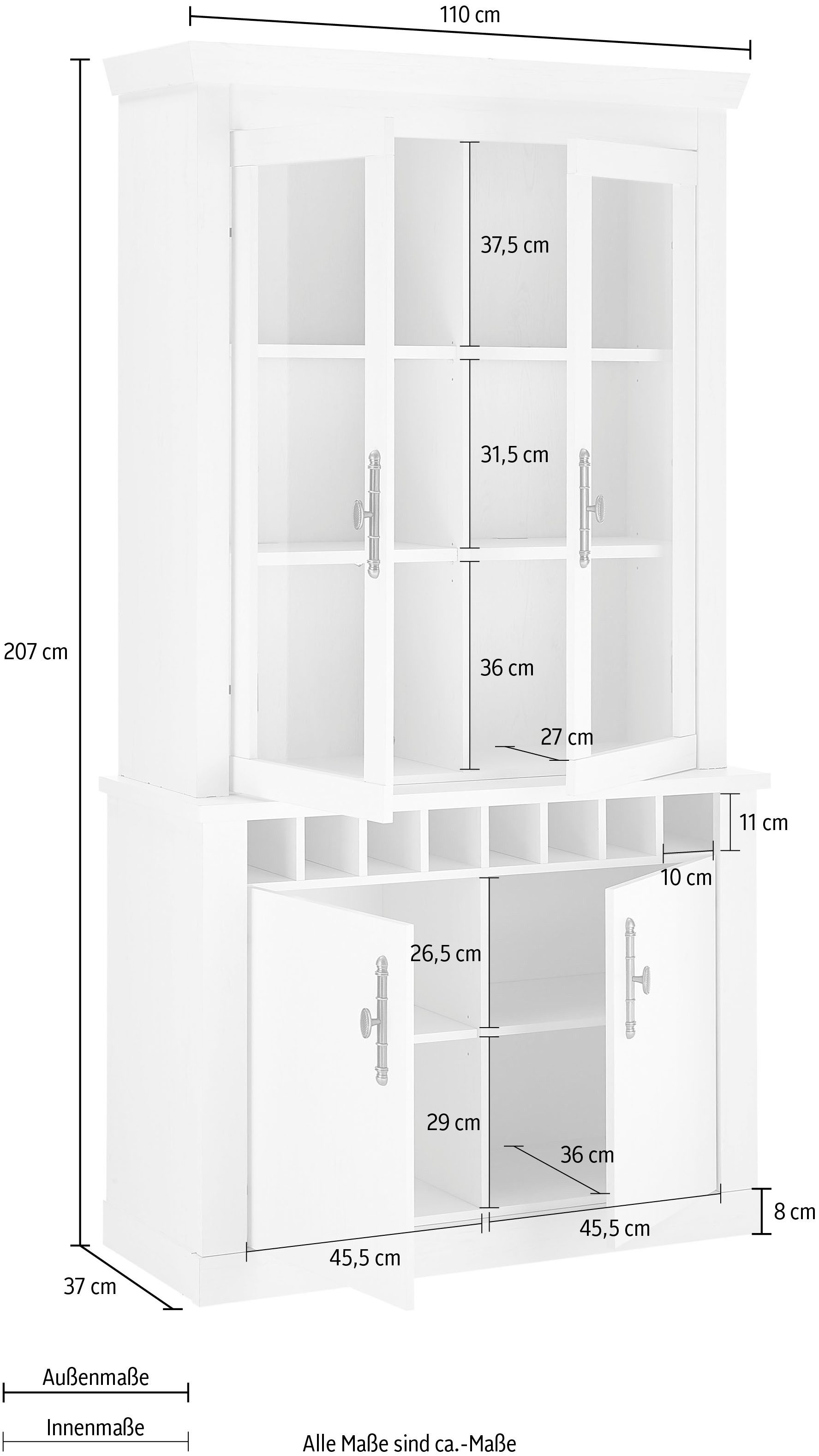 Home affaire Vitrinekast Ravenna in romantische landelijke stijl, grepen van metaal, hoogte 207 cm