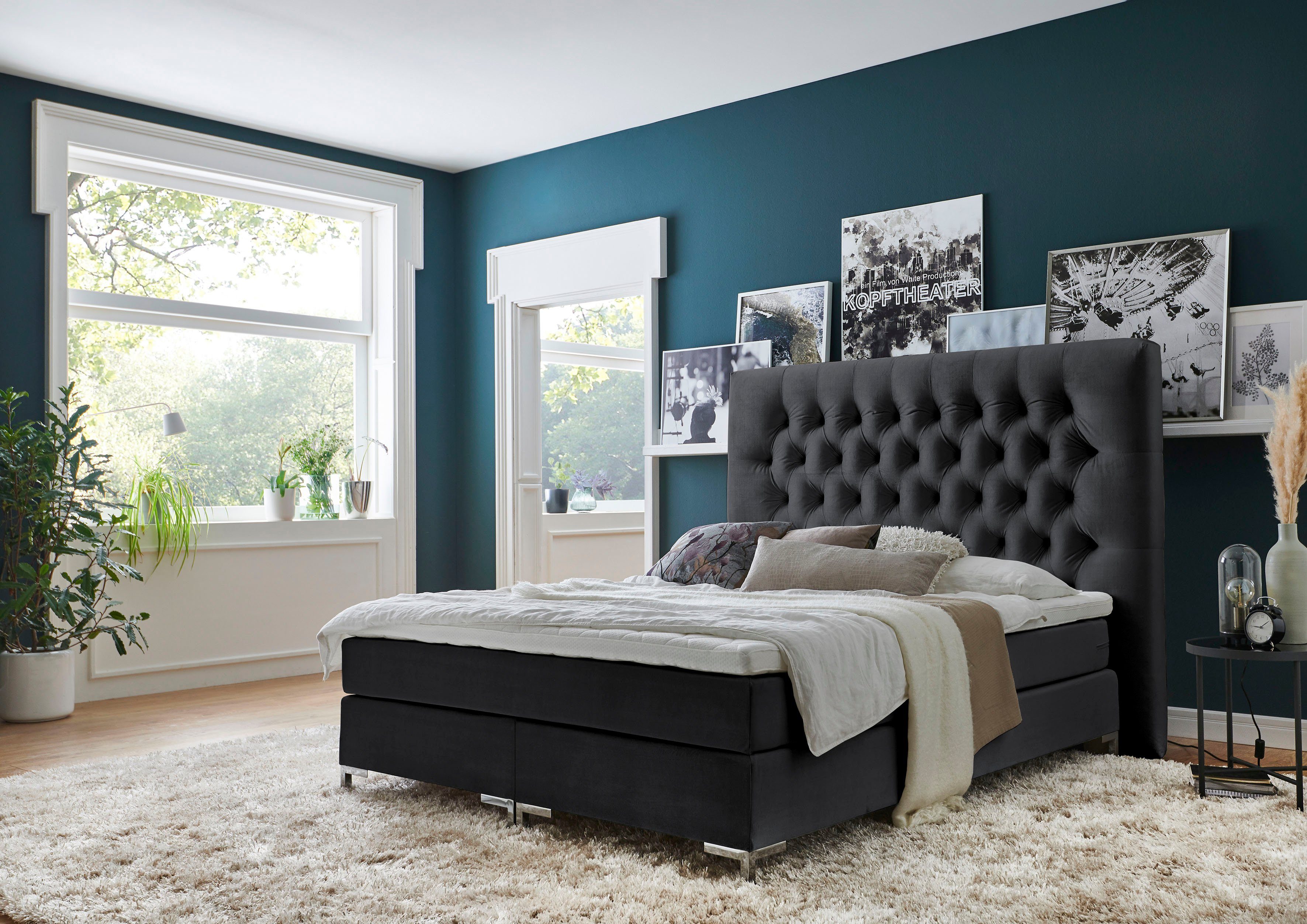 ATLANTIC home collection Boxspring Ronja met topmatras en extra hoog hoofdbord boxsprings zwart