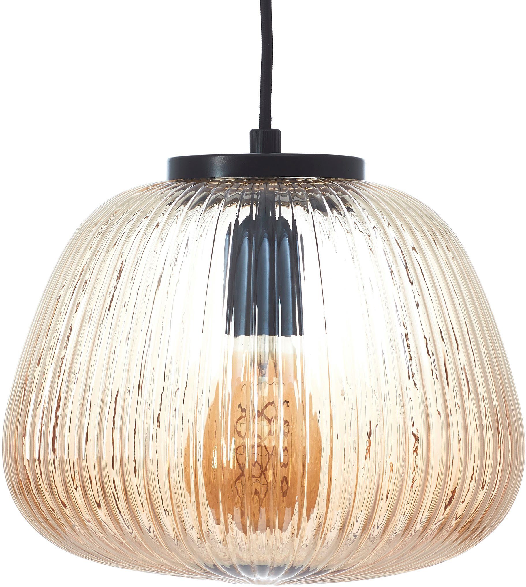 Brilliant Leuchten Hanglamp Kaizen Gegolfd glas, D 25 cm, E27, inkortbaar, amber-barnsteenkleuren