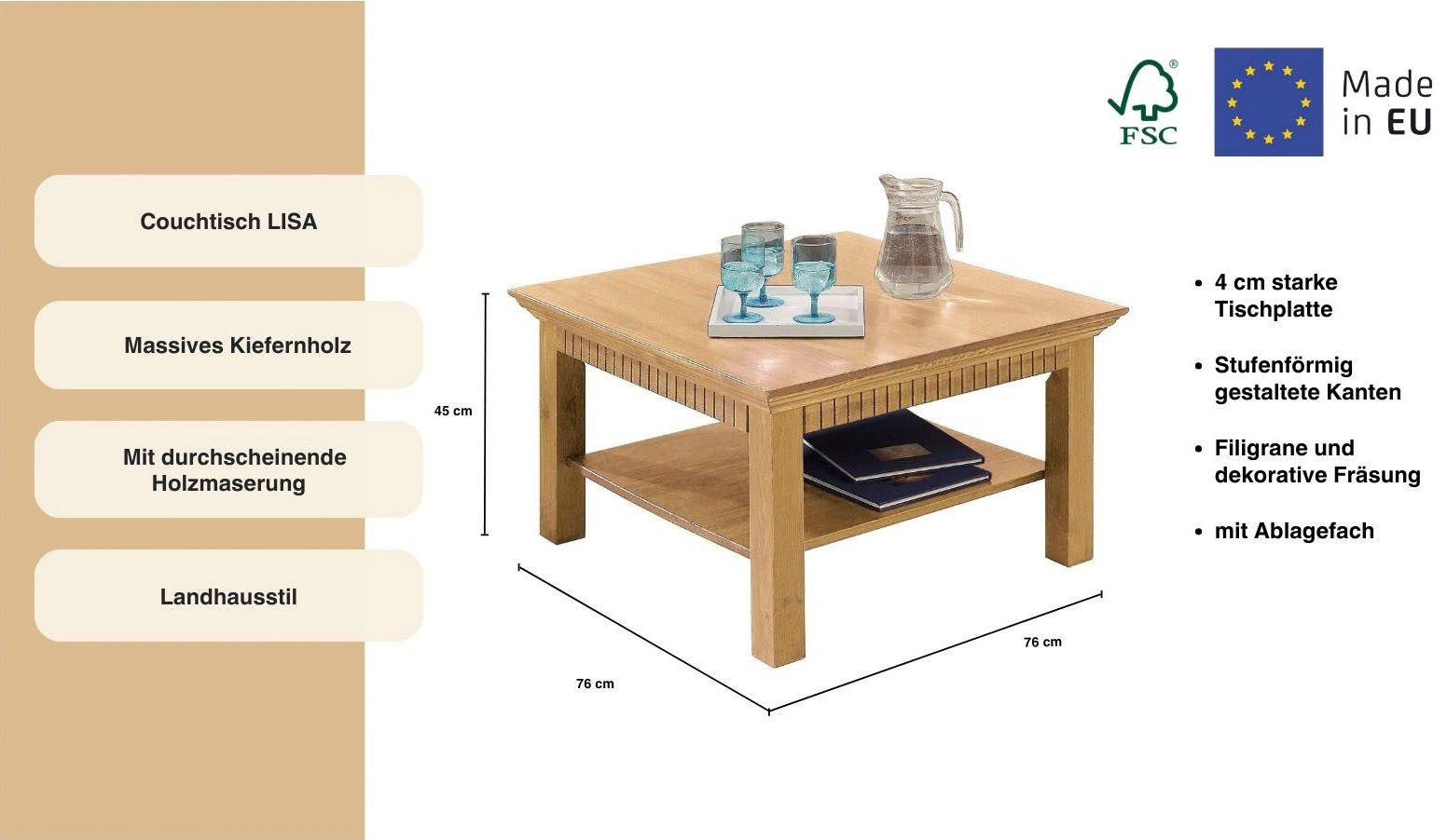 Home affaire Salontafel Lisa Koffietafel, massief grenenhout, B/D/H: 76x76x45 cm