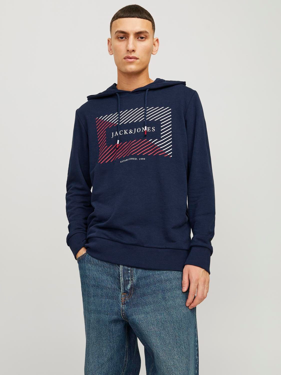Jack & Jones Hoodie JJCYRUS SWEAT HOOD: Komfortable Baumwollmischung mit coolem Gummidruck (Casual hoodie: basic snit & levendige print) heren
