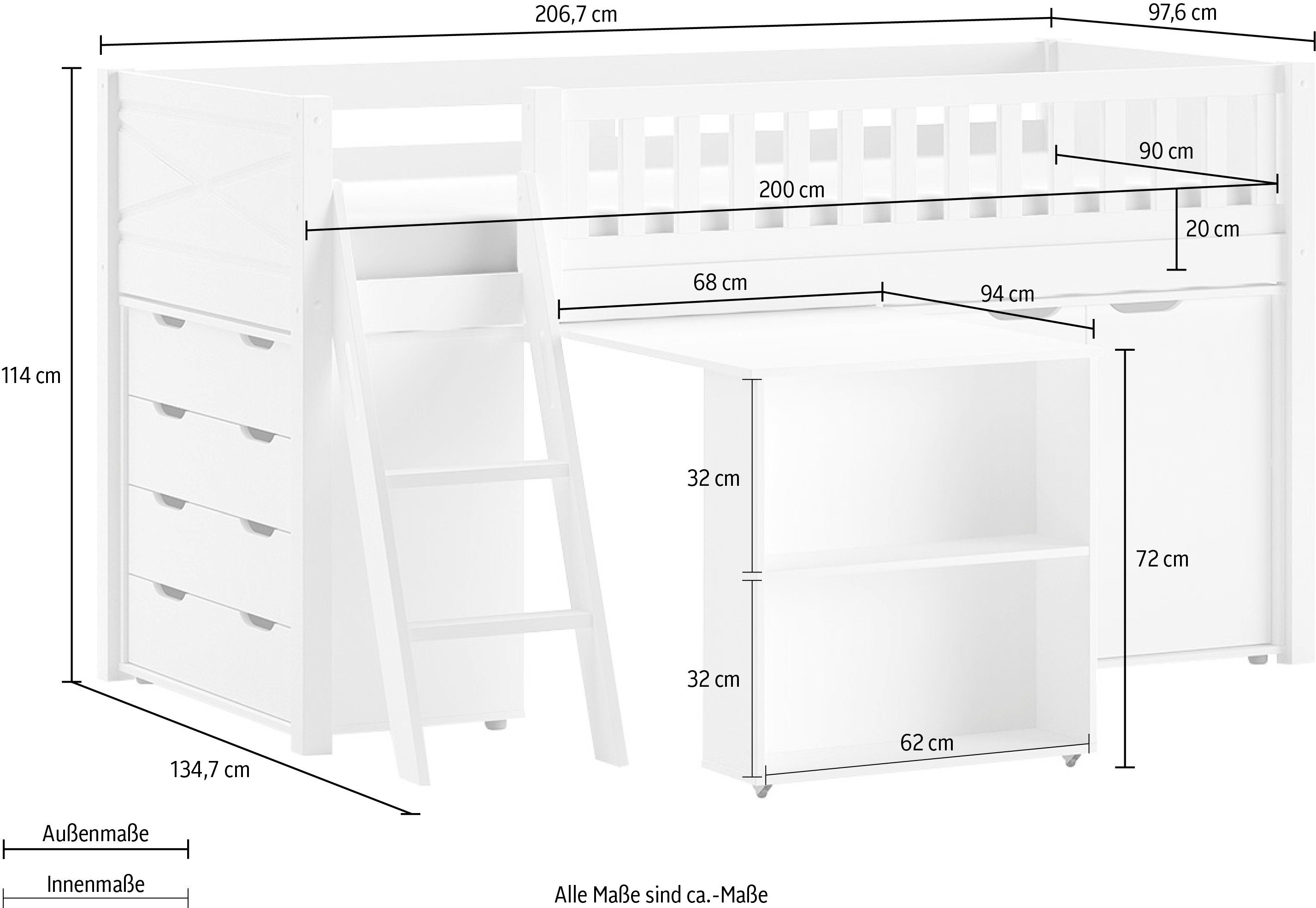 Vipack Speelbed met veel functionaliteit op een kleine ruimte, lf 90x200 cm, grenen wit gelakt