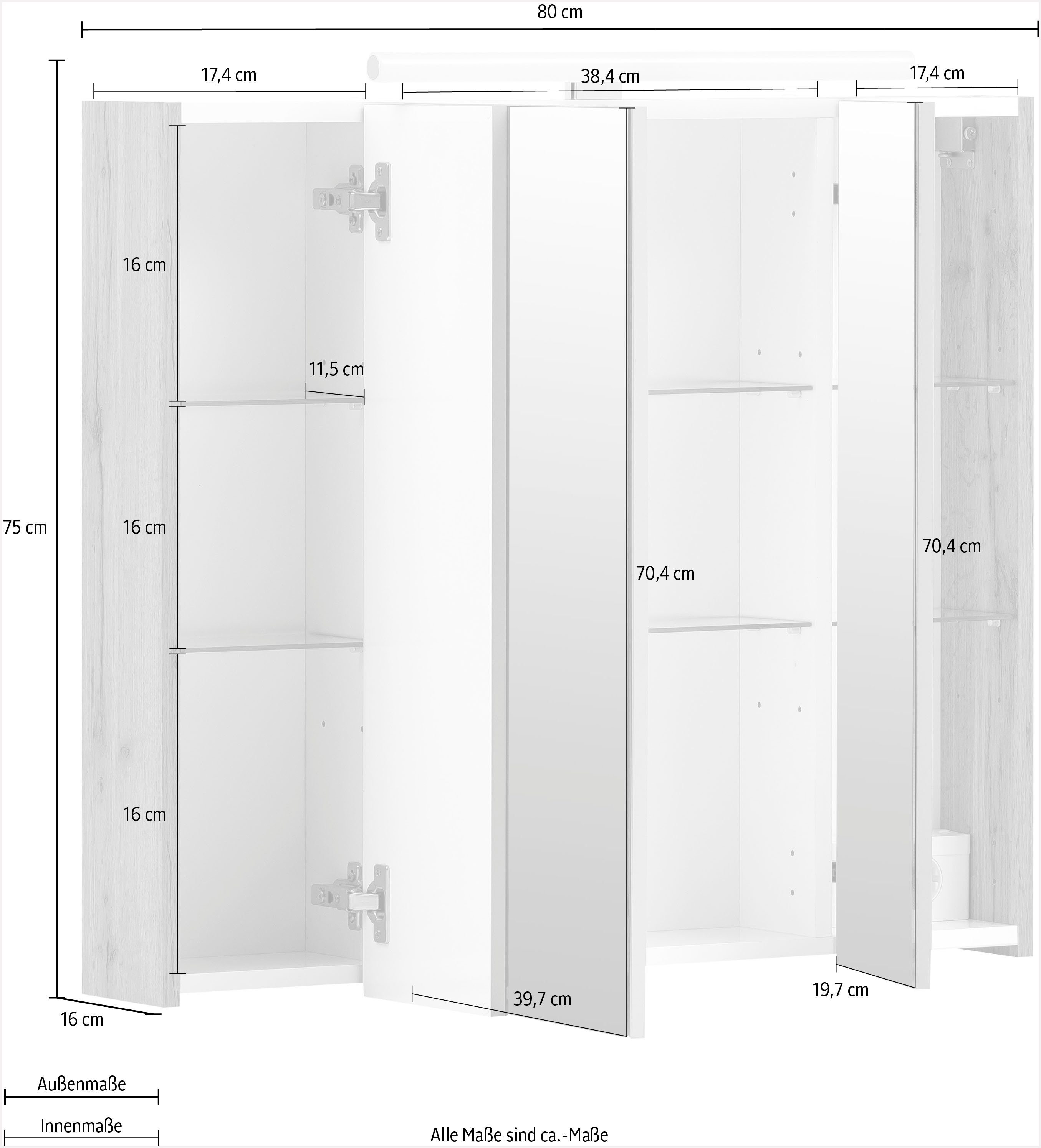Schildmeyer Spiegelkast Duo Breedte 80 cm, 3-deurs, ledverlichting, schakelaar-/stekkerdoos