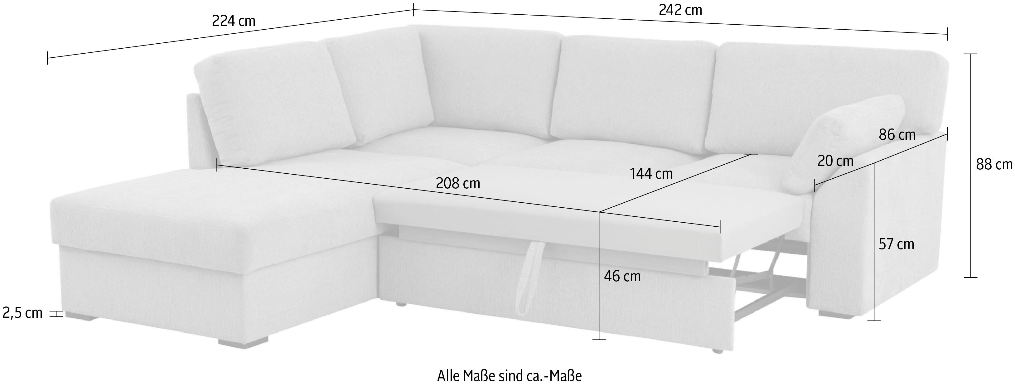 Home affaire Hoekbank Citry Breedte 242 cm, chenille, bedfunctie, bedlade, L-vorm