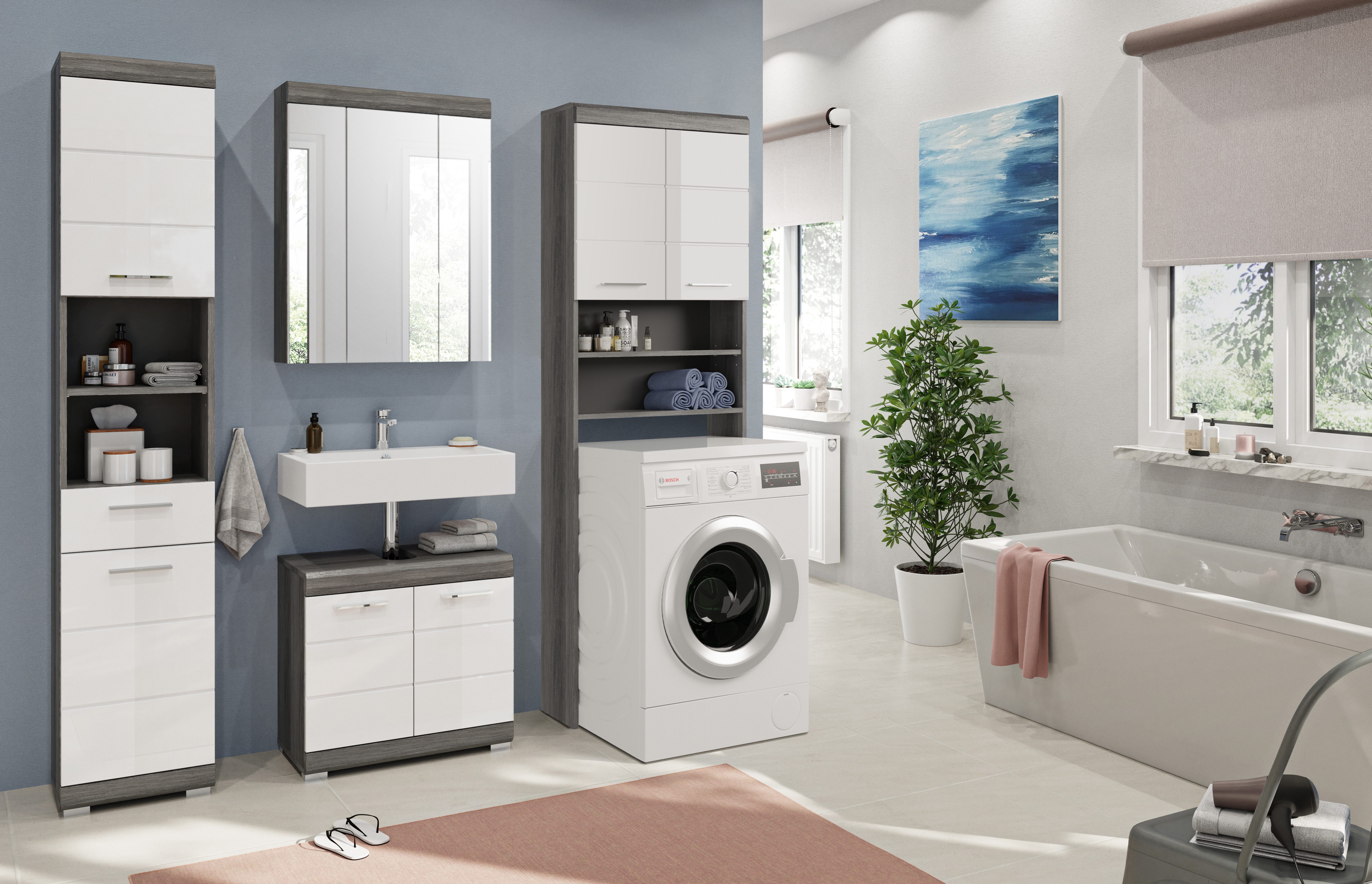 INOSIGN Badkamerserie Siena, 4-delig, bestaande uit: Hoge kast, WBU, spiegelkast, wasmachine ombouwkast (set, 4-delig)