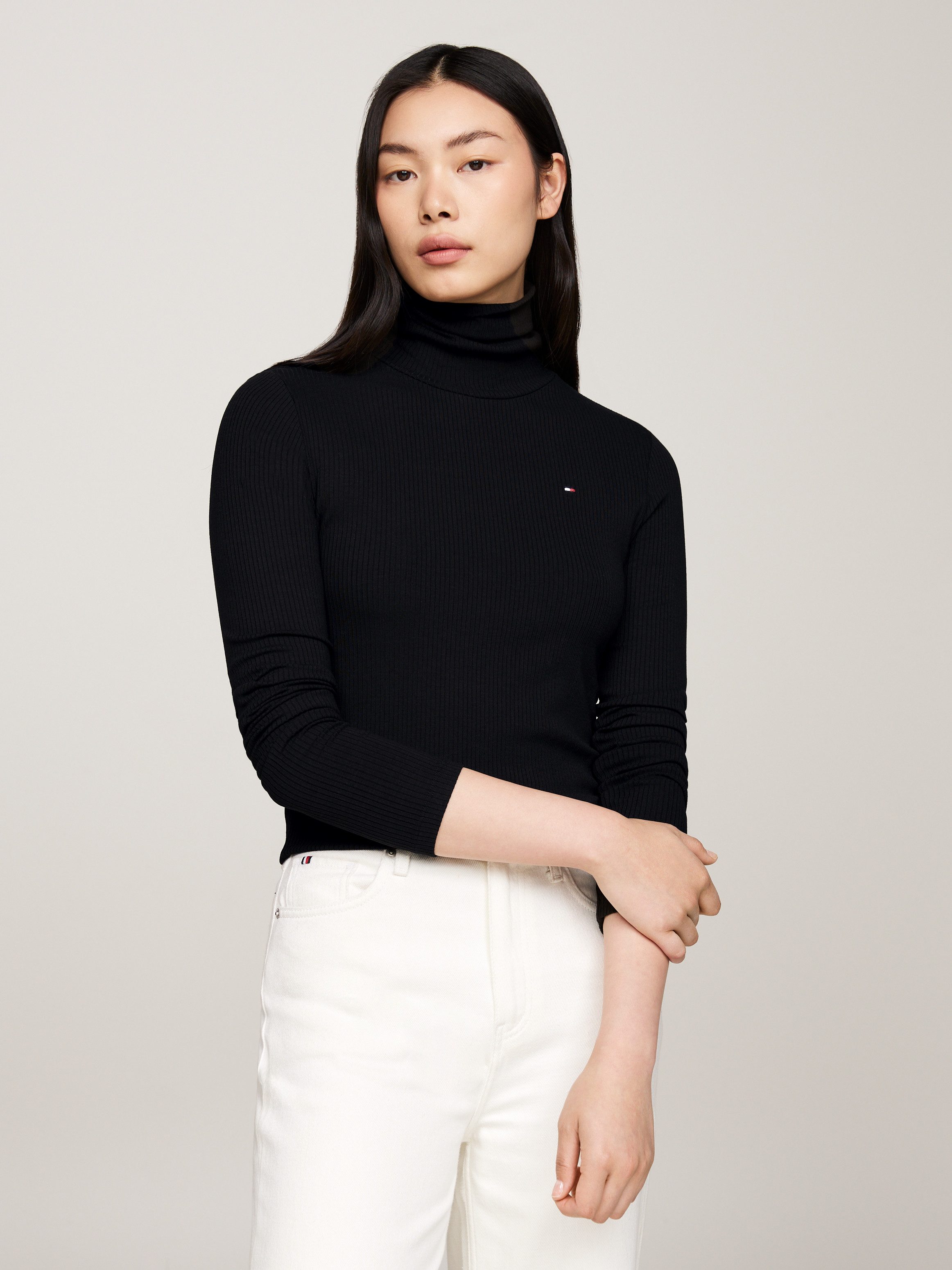 Tommy Hilfiger Shirt met lange mouwen SLIM 5X2 RIB ROLL-NK LS in een geribde structuur