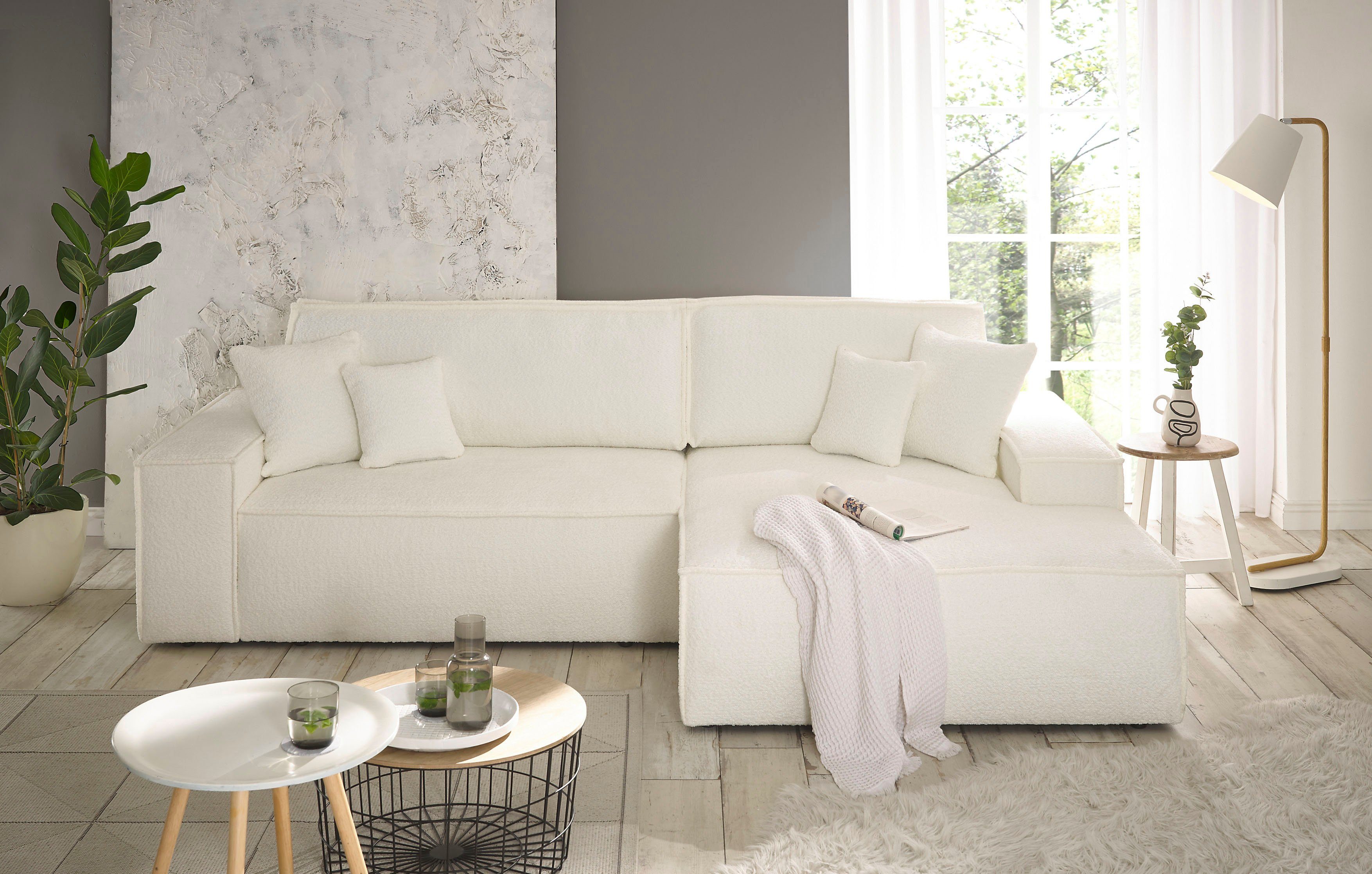 andas Hoekbank Finnley slaapbank 267 cm in Bouclé, fijne structuur en cord, L-vorm
