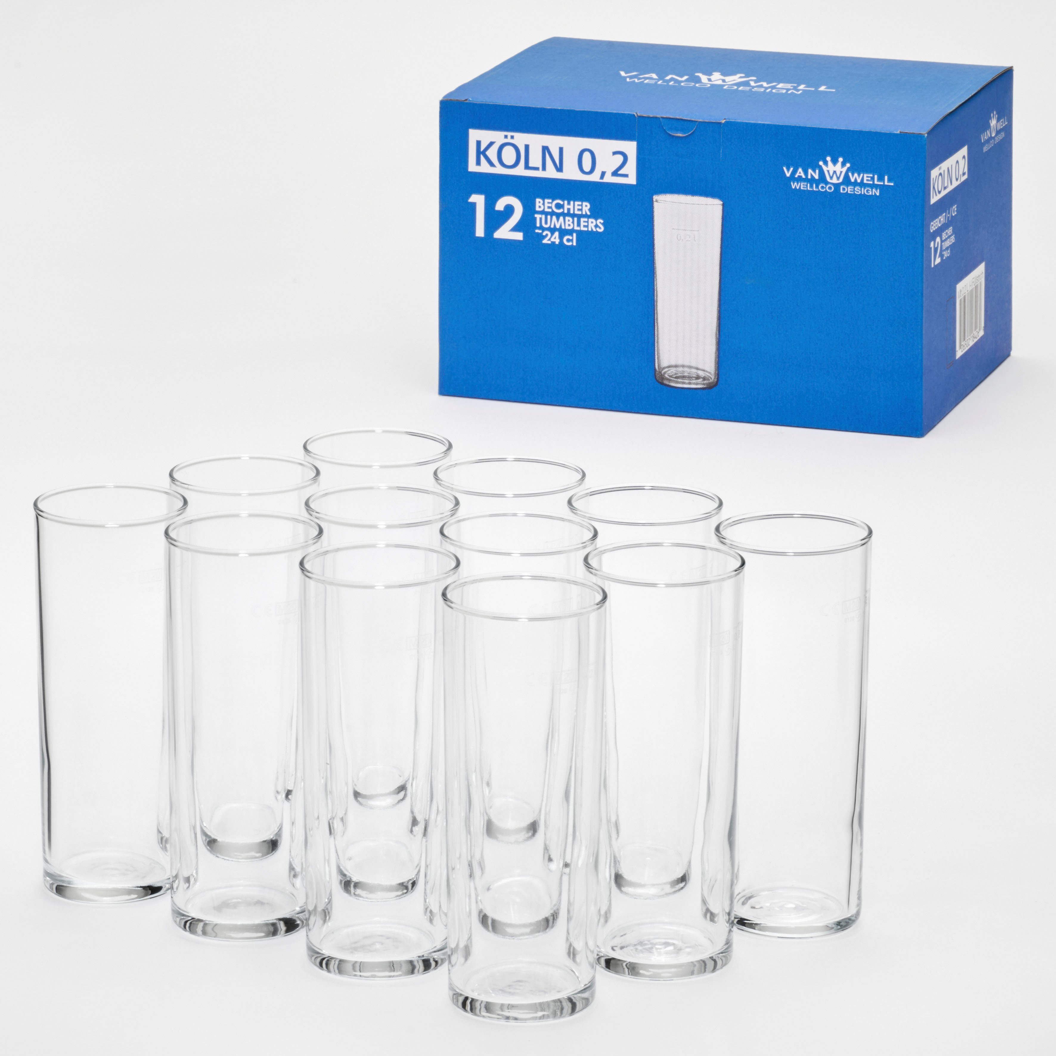 van Well Bierglas Kölnerstaaf 0,2 l, gekalibreerd, vaatwasmachinebestendig, horeca kwaliteit, 12-delig. (set, 12-delig)