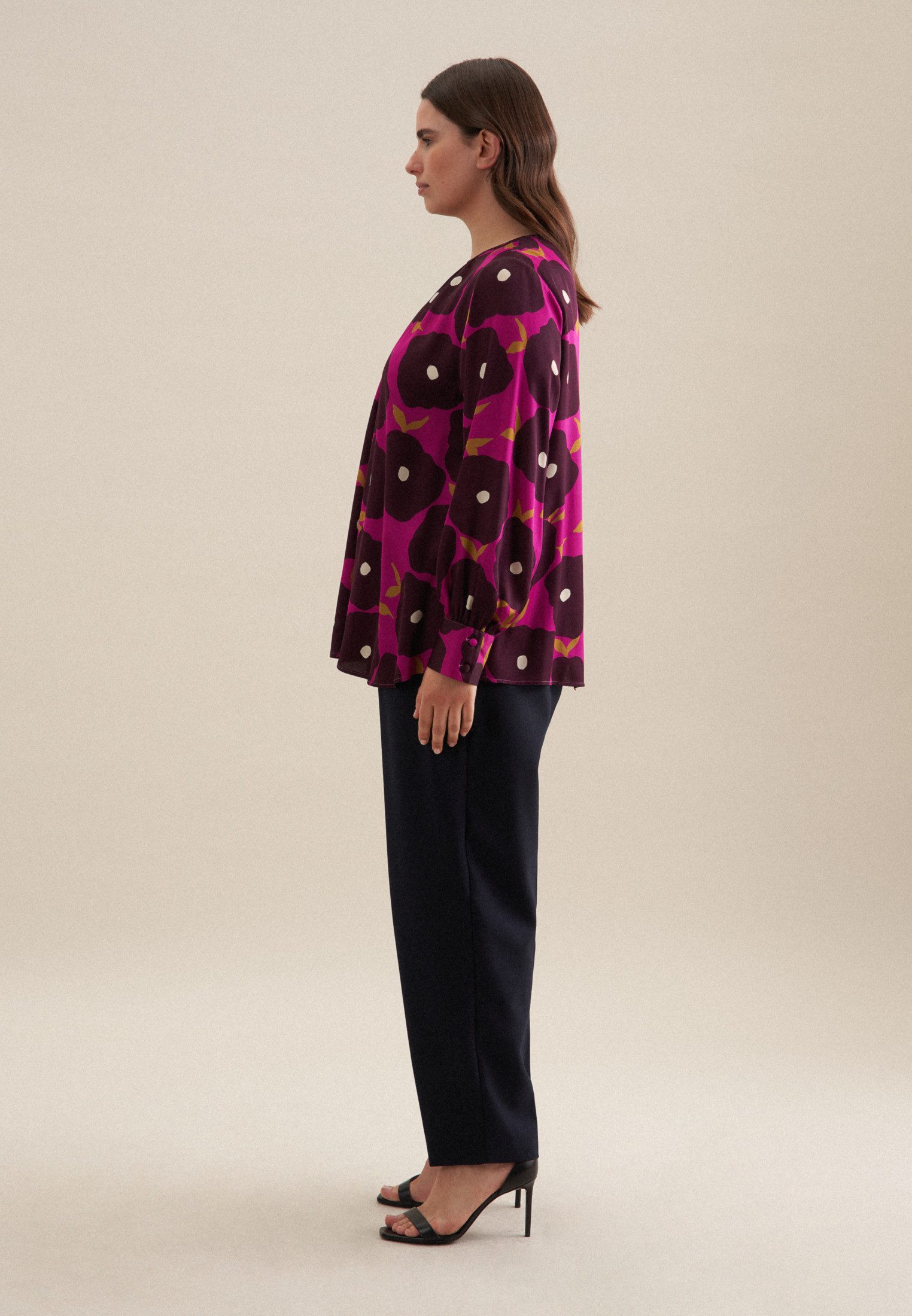 seidensticker Shirtblouse Zwarte roos Lange mouwen ronde hals print