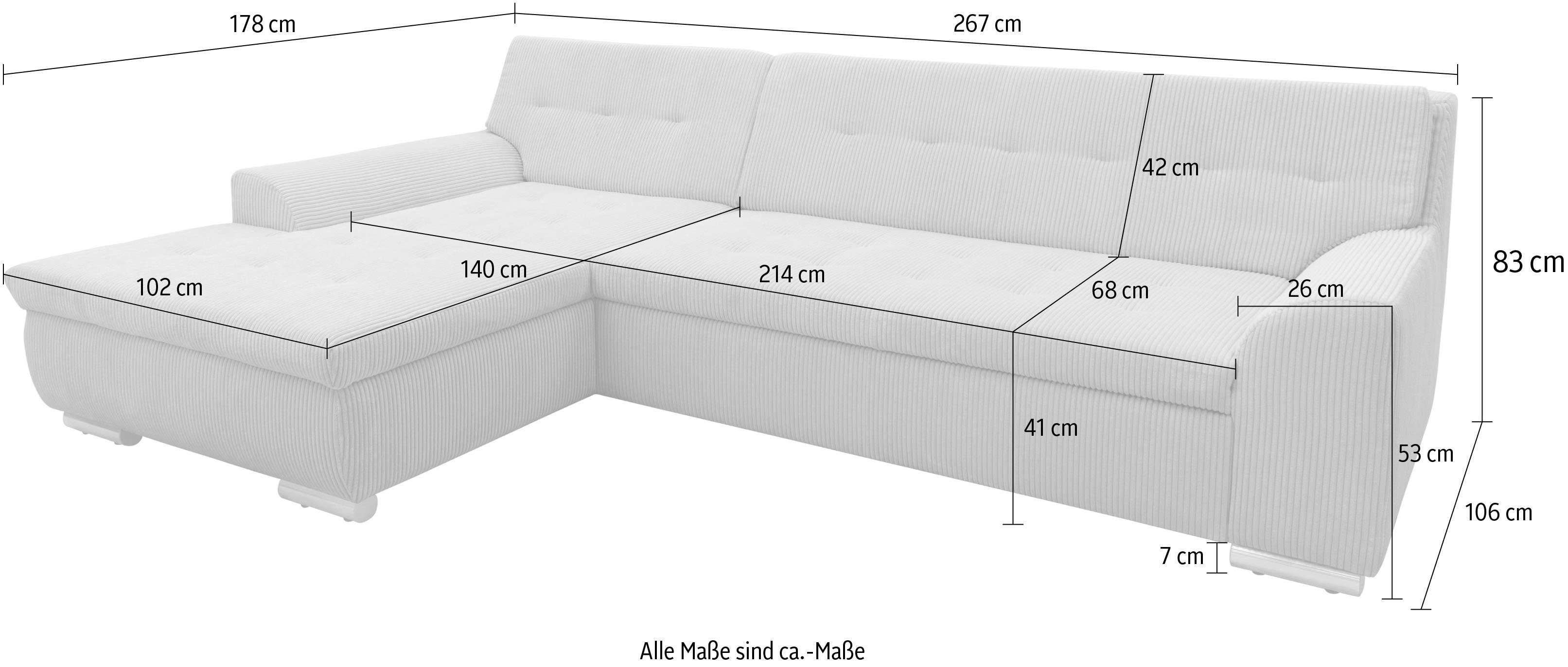 DOMO collection Hoekbank Treviso veel bekledingen, ook in cord, L-vorm, B/D/H: 267/80/83 cm optioneel met slaapbank functie, incl. sierkussens, hoogwaardig doorgestikt patroon