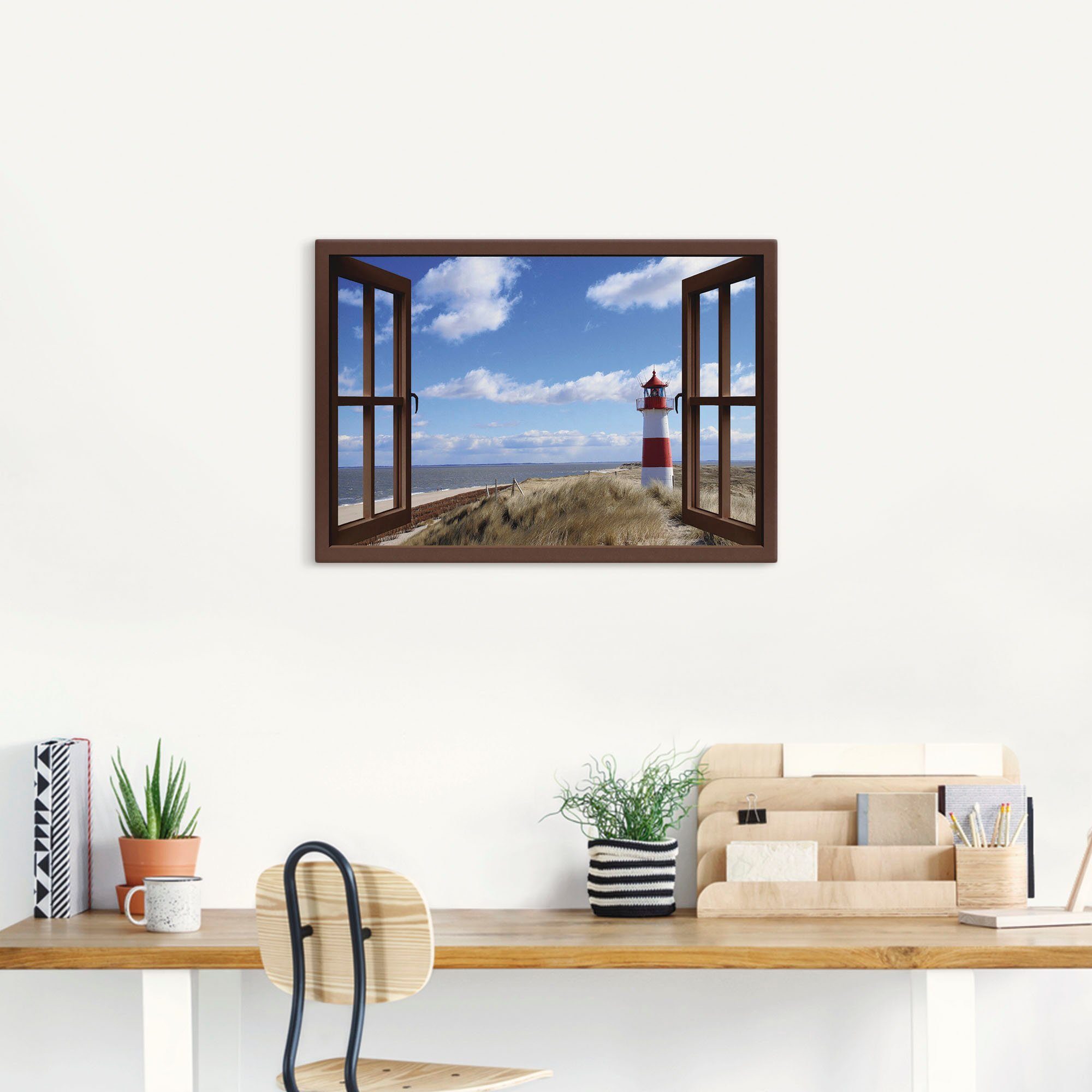 Artland Artprint Blik uit het venster - vuurtoren Sylt als artprint op linnen, poster in verschillende formaten maten