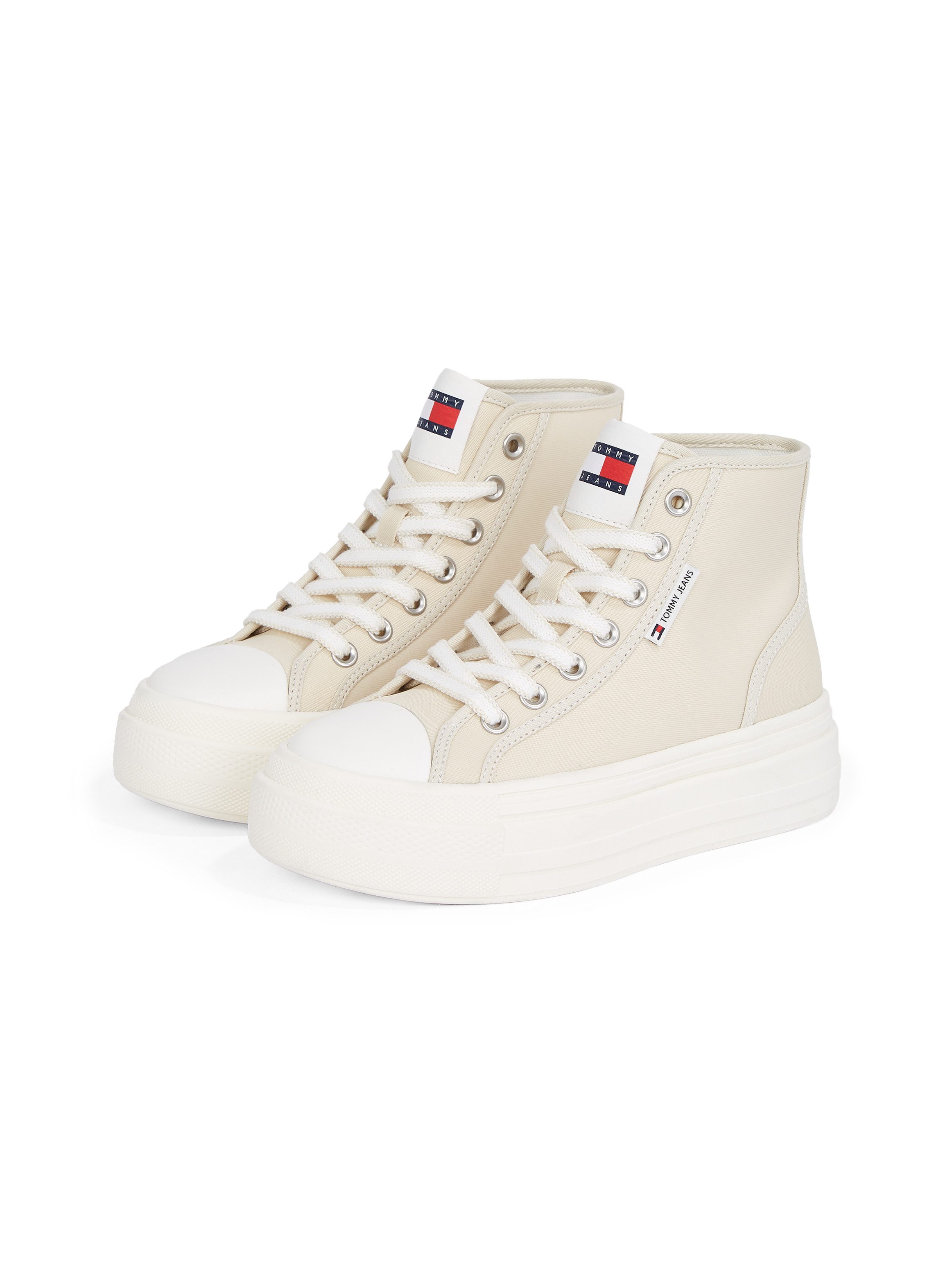 TOMMY JEANS Plateausneakers TJW FOXING FLATFORM SNEAKER HIGH vrijetijdsschoen, veterschoenen, high top sneaker met contraststiksels