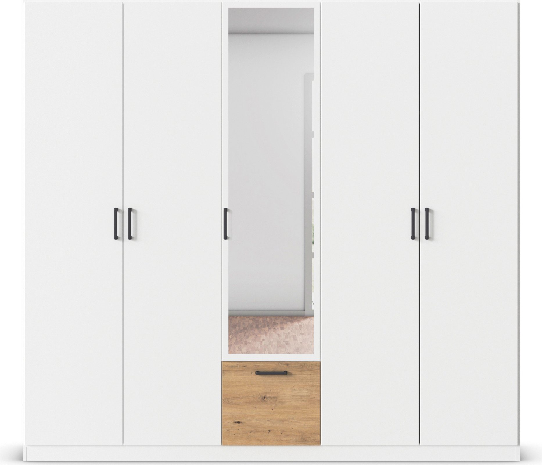 rauch Draaideurkast Kledingkast kast garderobe waskast BARI met spiegel met lades in het midden, moderne greep in grijs metallic made in germany