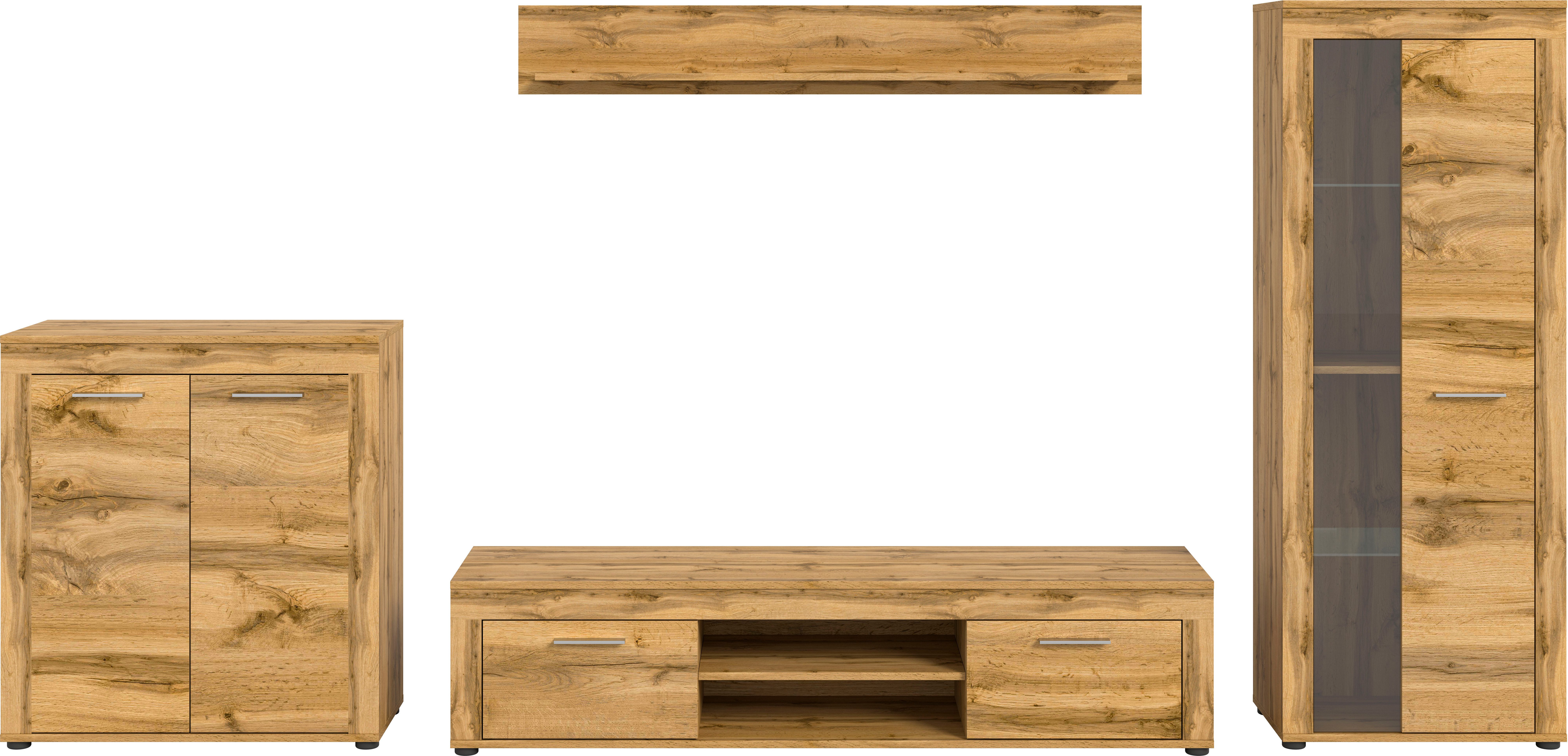 INOSIGN Wandmeubel Aosta, Breedte 330cm, bestaand uit Highboard, Lowboard, Wandplank, Vitrine (4-delig)