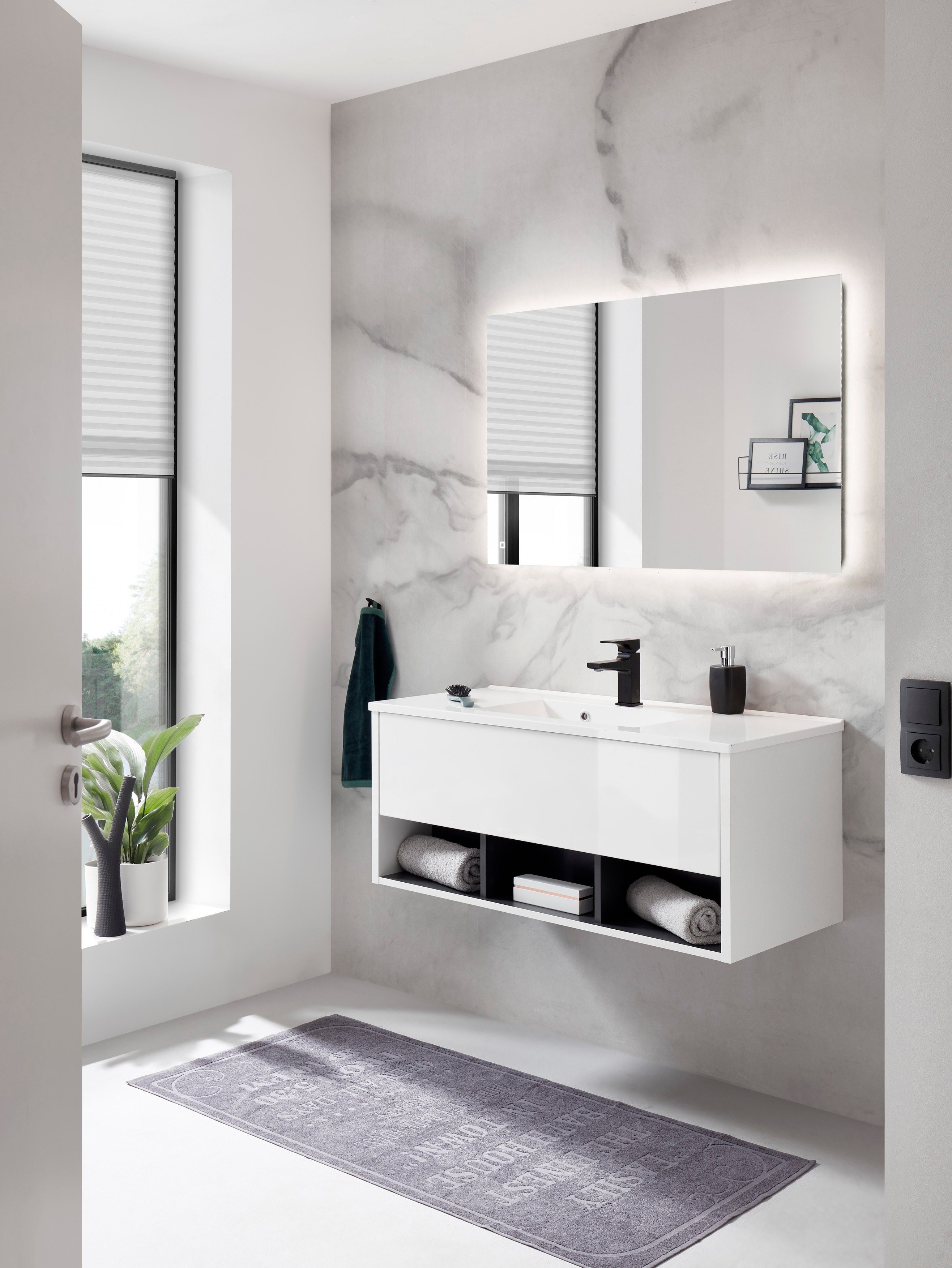 Places of Style Badkamerserie Studio Line, bad in modern ontwerp, 2-delig badkamer Wastafel en spiegel, in twee kleuren beschikbaar, veel opbergruimte (2-delig)