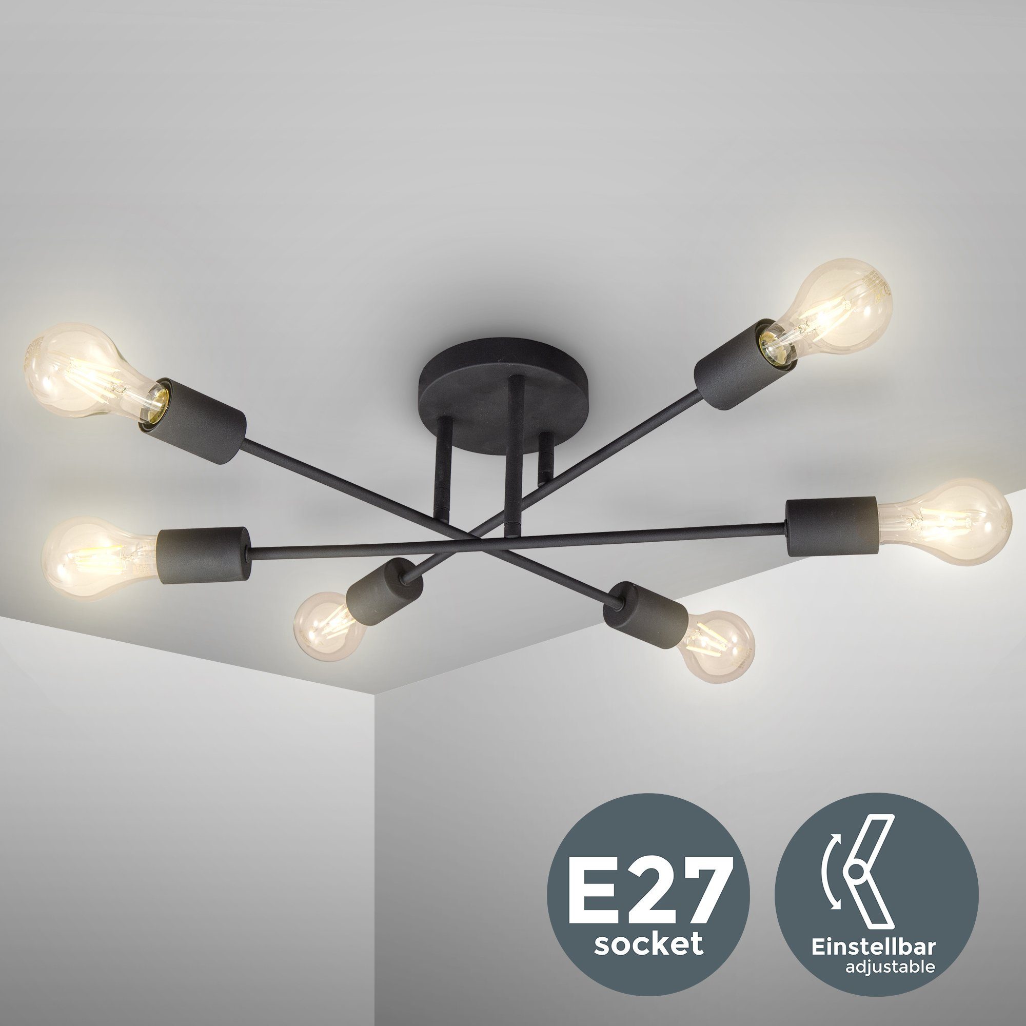 B.K.Licht Led-plafondlamp LED vintage-lamp plafondlamp retro industrieel E27 zwart rustiek
