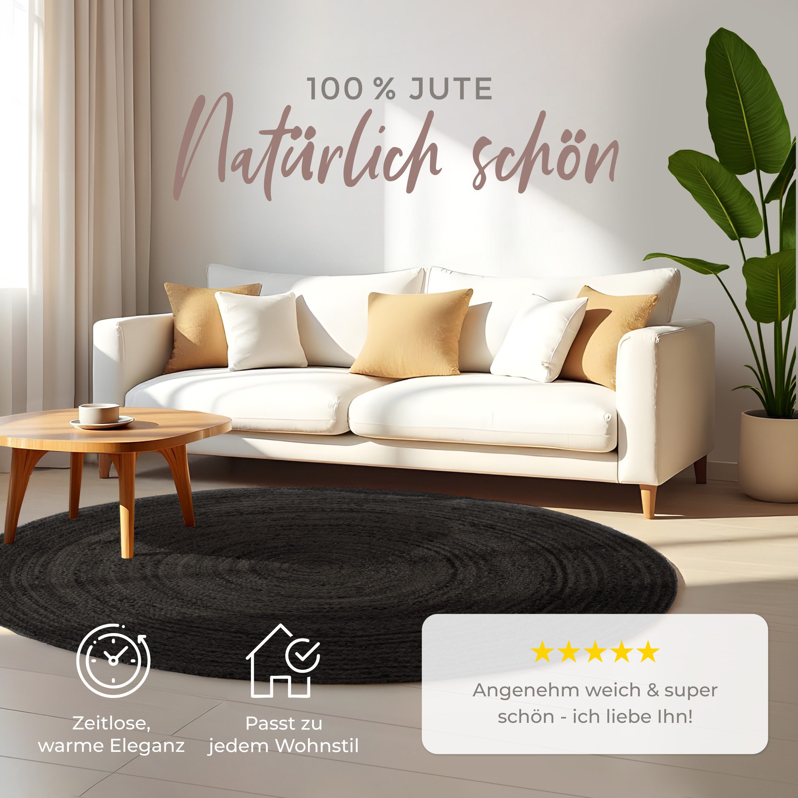 carpetfine Vloerkleed Nele jute-vloerkleed natuurmateriaal gevlochten tweezijdig te gebruiken kleed van 100% jute, in rond en ovaal, vele maten