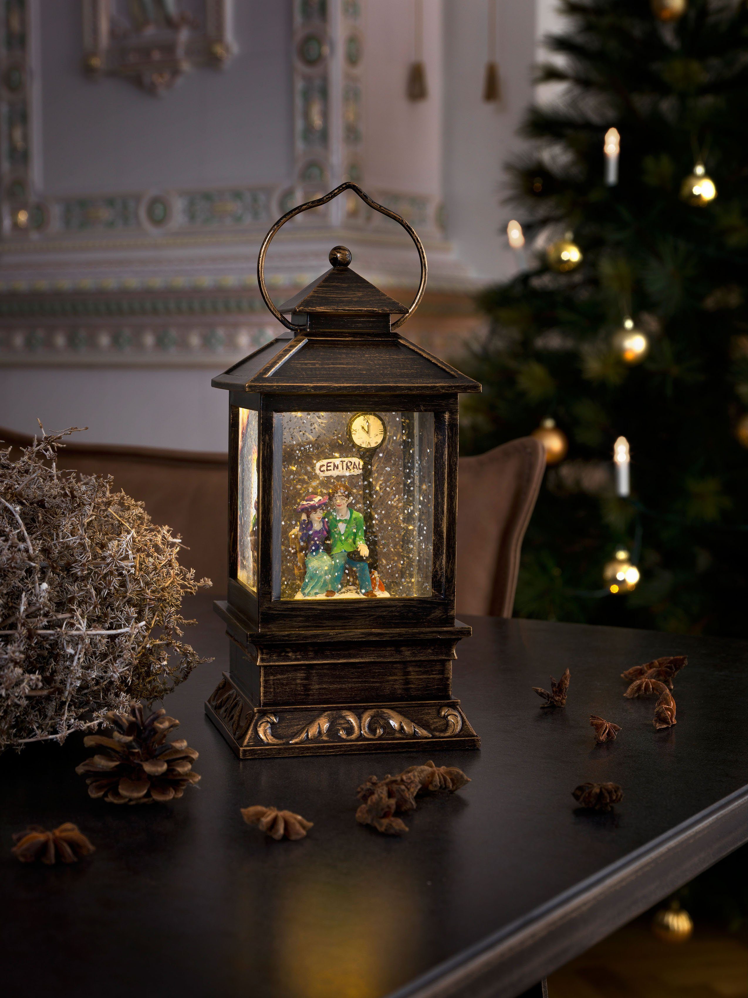 konstsmide led lantaarn kerst versiering led-sneeuwlantaarn met paartje, klein (1 stuk) bruin