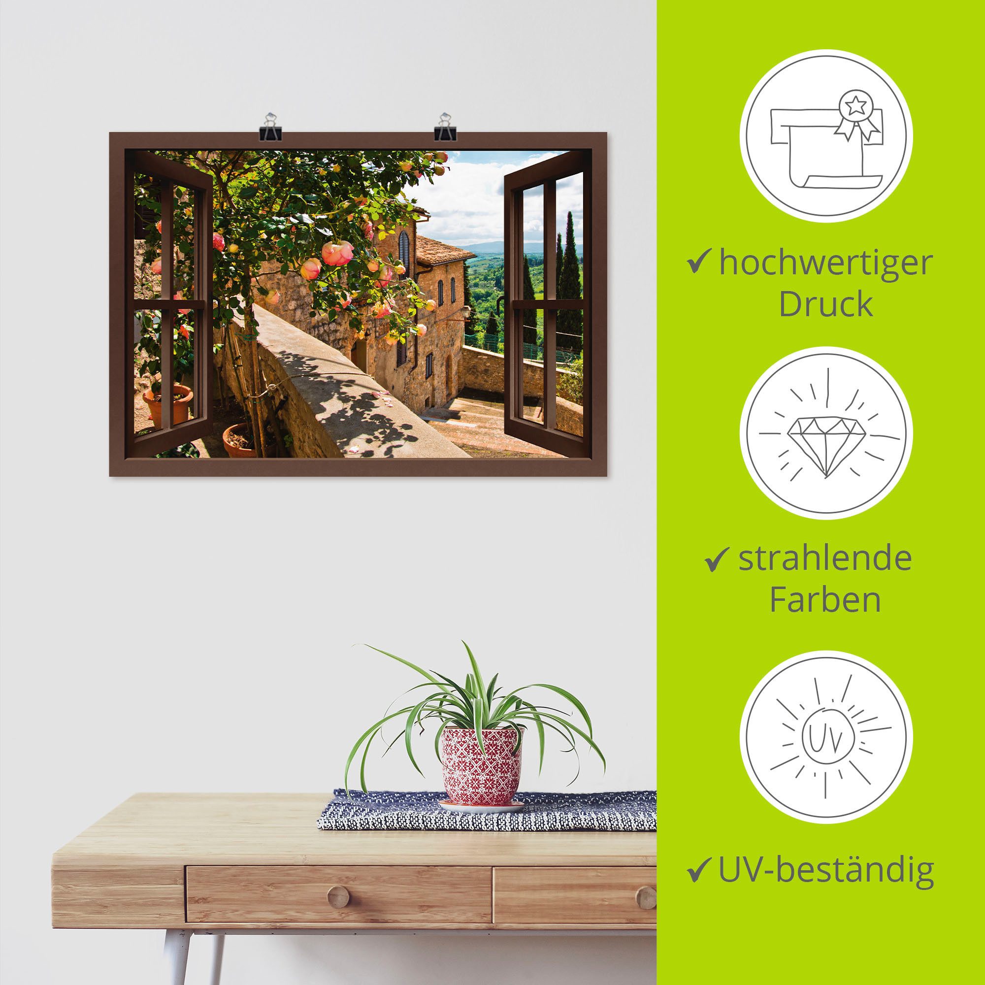 Artland Artprint Blik uit het venster rozen op balkon Toscane als artprint van aluminium, artprint voor buiten, artprint op linnen, poster, muursticker